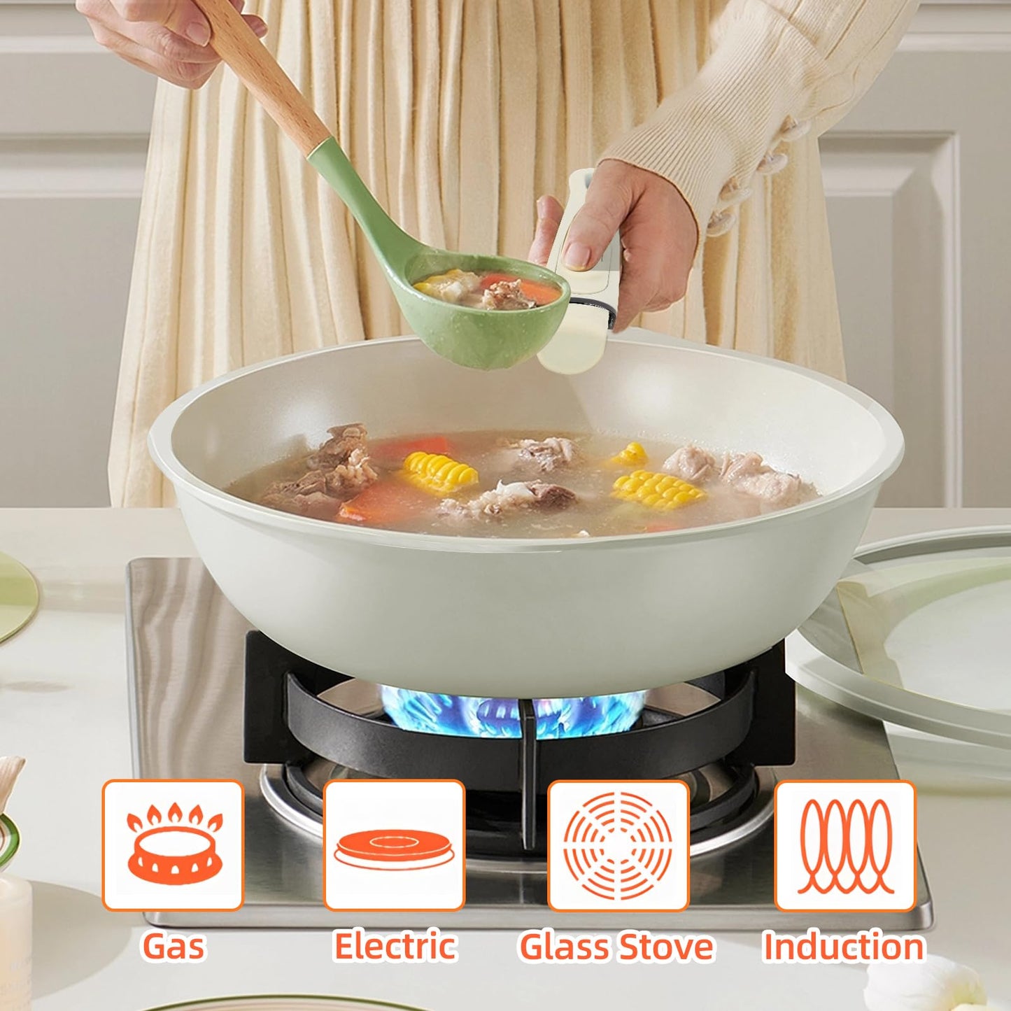 11 PCS pots and pans set, pots and pans set non stick, Removable Handles, Induction and Oven Safe Cookware Set, Dishwasher Safe, Cream