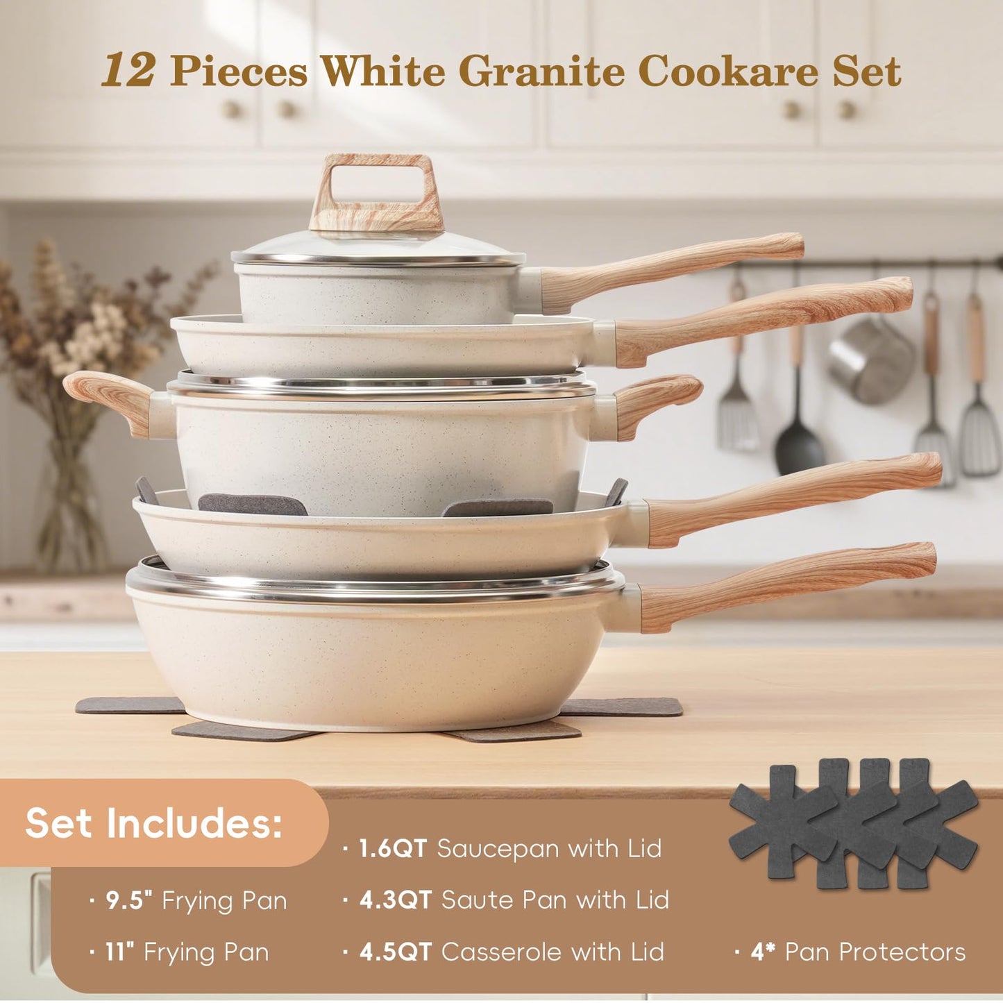 SODAY 12 Pcs Pots and Pans Set Non Stick, Cookware Sets White Granite Induction Cookware, Non-toxic Healthy Nonstick Kitchen Cooking Set with Frying Pans Set, Saucepans (PFAS/PFOA/PFOS Free)