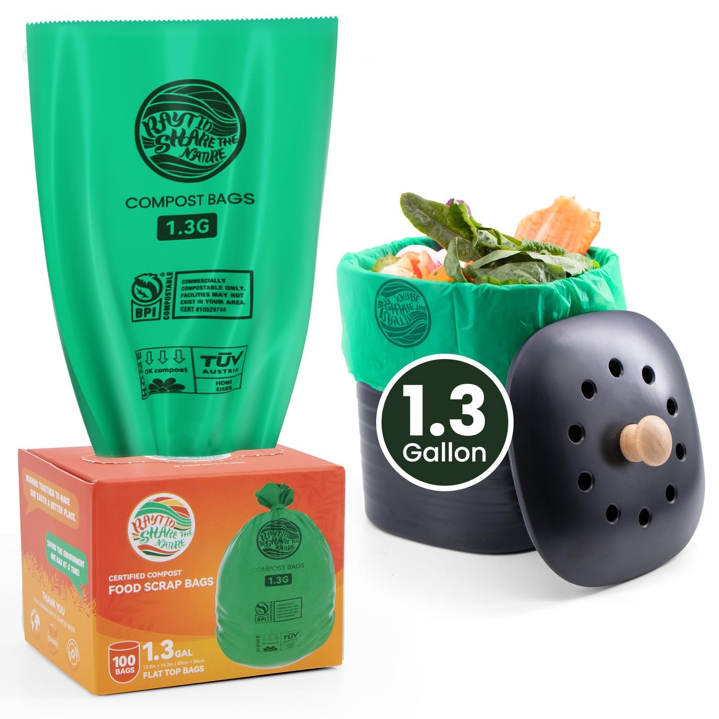 RAYTID Compostable trash Bags 2.6 Gallon Compost Bags for Kitchen Countertop Bin 1.3,2,3, Gallon, 120 Count,Small Kitchen Food Scrap Waste Bags,ASTM D6400, US BPI & Europe OK Compost Home Certified