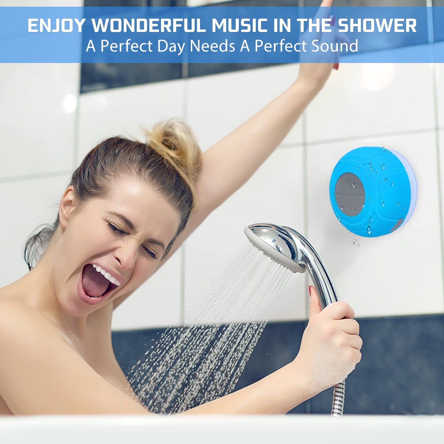 Annlend Bluetooth Shower Speaker Waterproof Wireless Mini Small Cute Portable Water Resistant Bathroom Speaker Suction Cup, Handsfree Speakerphone with Built-in Mic,4hrs of Playtime - Blue