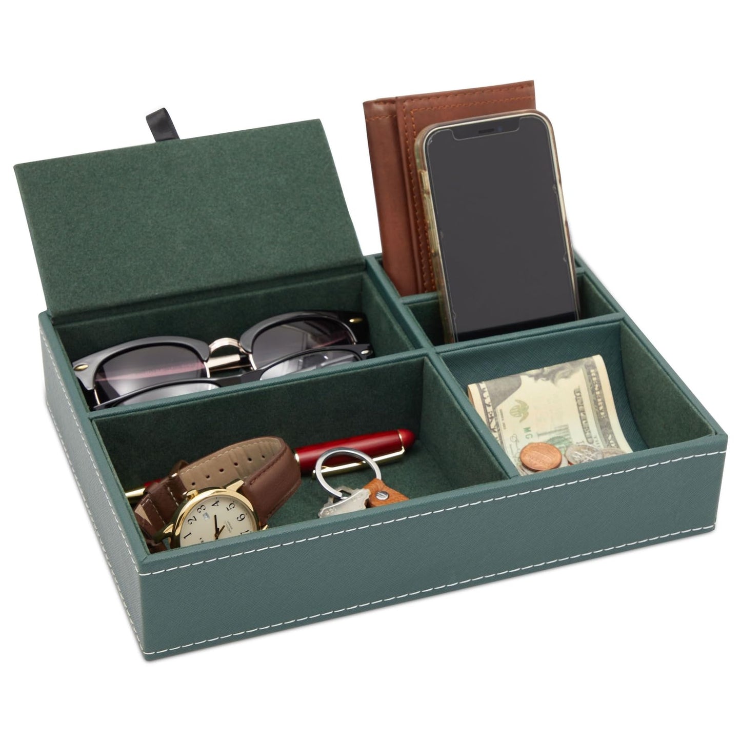 Juvale 5 Compartment Emerald Green Leather Valet Tray for Wallet, Keys (10 x 7.3 x 2 in) - Jewelry Organizer Tray - Nightstand Organizer Women