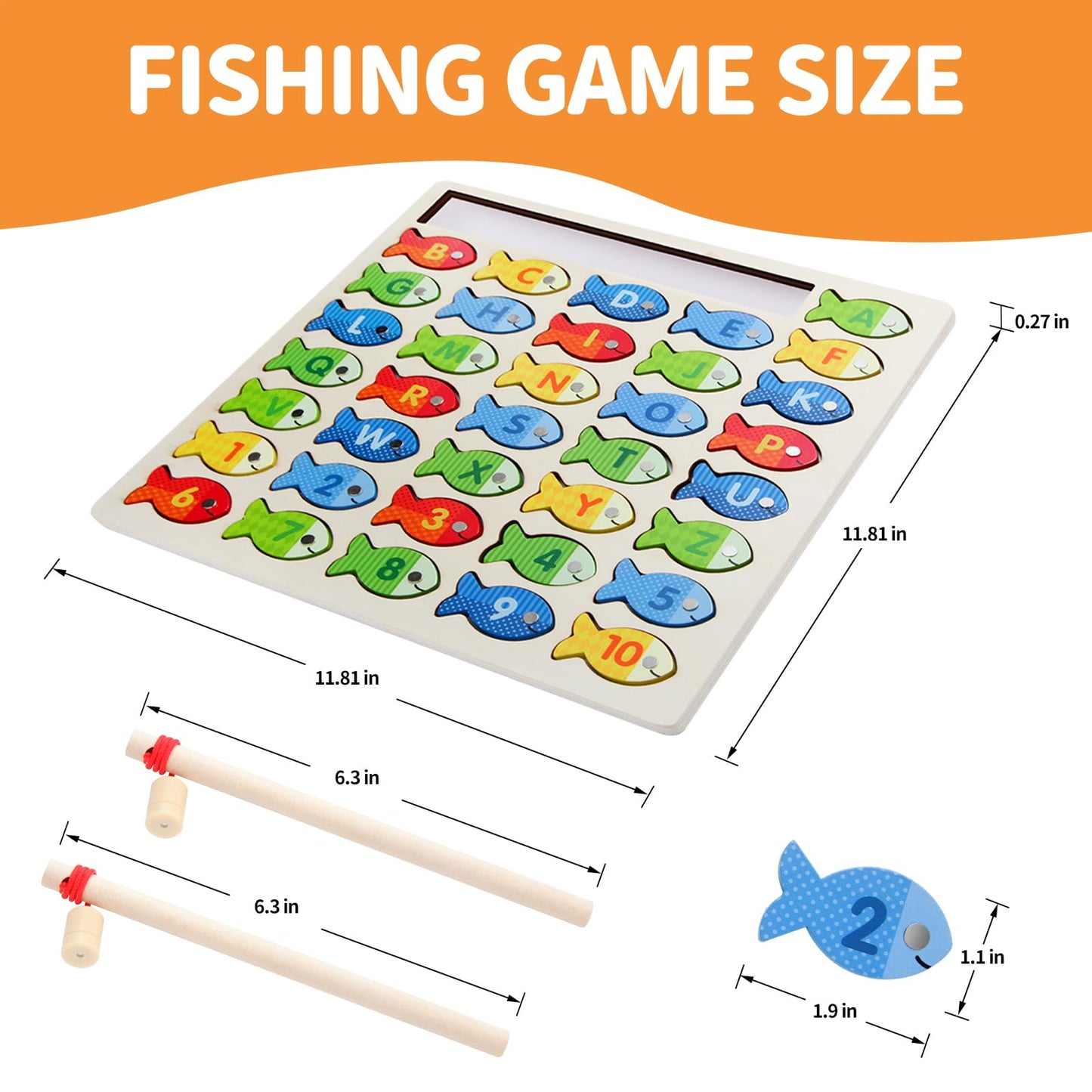 Wooden Magnetic Fishing Game for Toddlers, Montessori Fine Motor Skills Toy with Letters and Numbers, Preschool Learning ABC and Puzzle Educational Toys Gift for 3 4 5+ Year Old Kids(2 Poles)