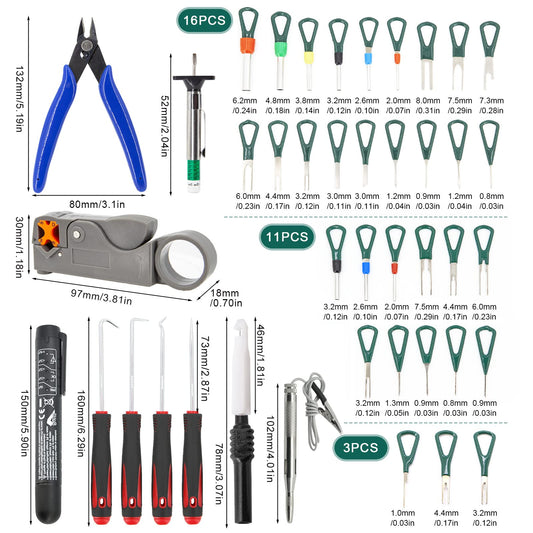 115Pcs Auto Terminal Removal Tool Kit, Wire Connector Release Extractor Pin, Electrical Cutter Pliers Stripper, Pick Hook Set, Brake Fluid Tester, Car Light Circuit Tester, with Cable Ties