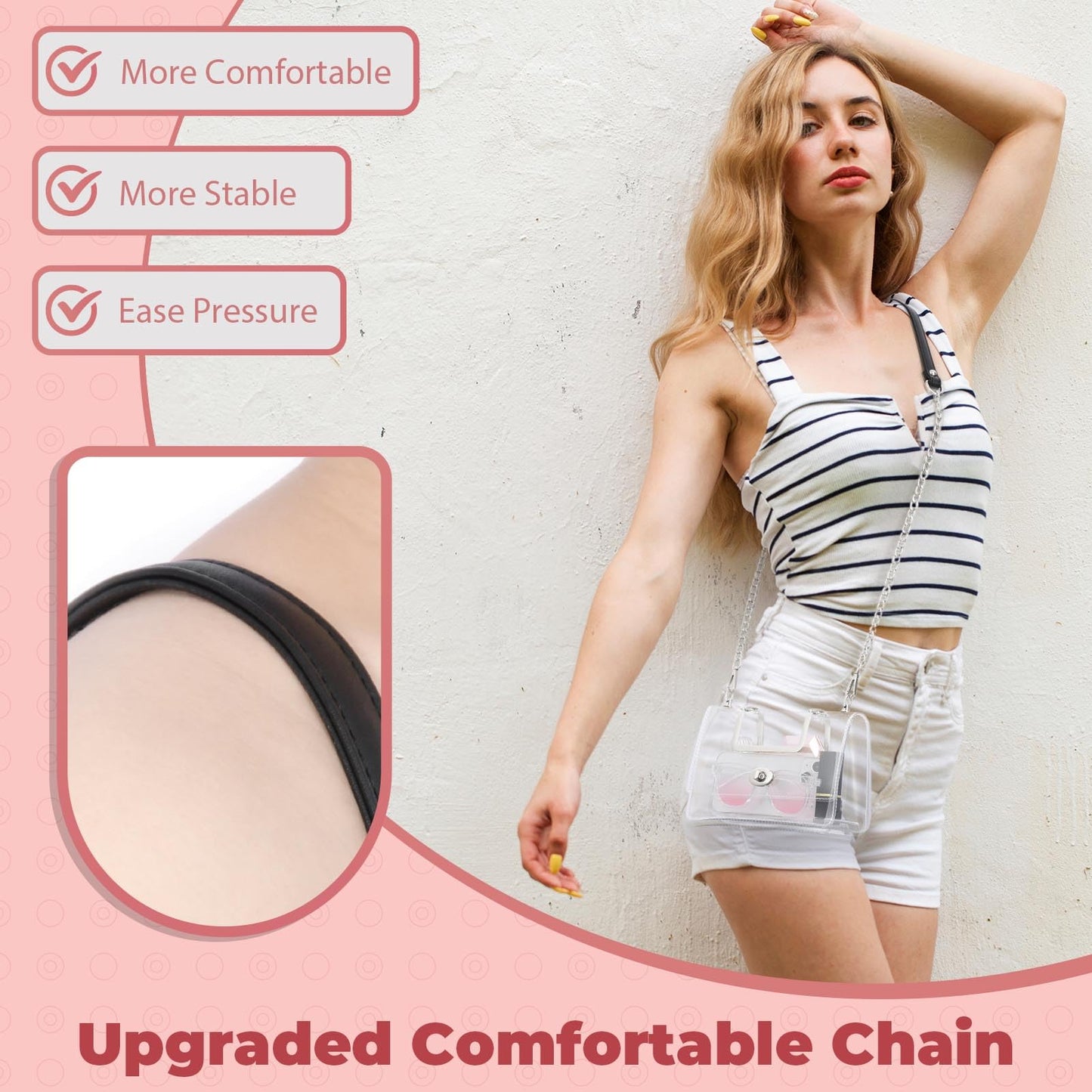 BS-VOG Clear Purse for Women Stadium Approved, Clear Crossbody Bag, Small Cute Clutch Handbag with Chain Strap for Sport Event Concert