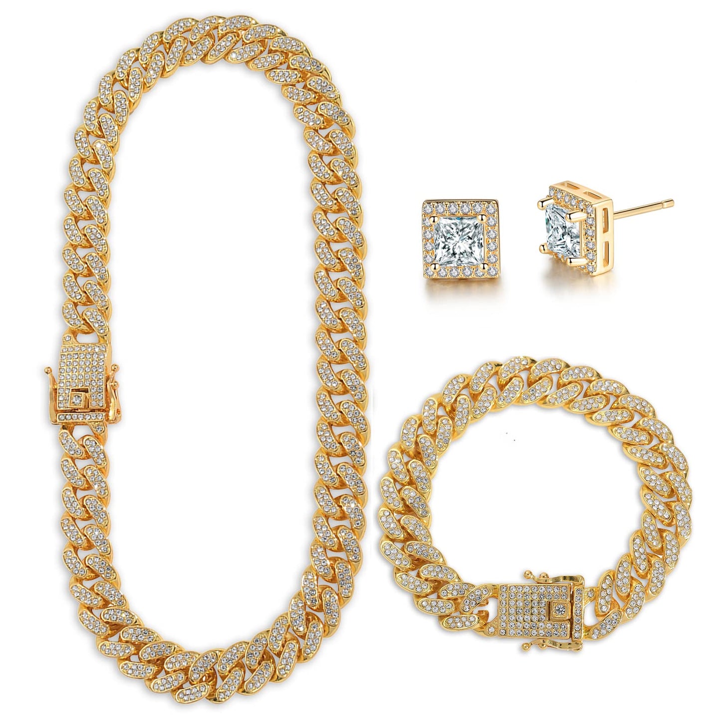 Mens Chains Diamond Cuban Link Chain Necklace Bracelets Set for Men Women Bling Bling Hip Hop Jewelry (Gold 20IN)