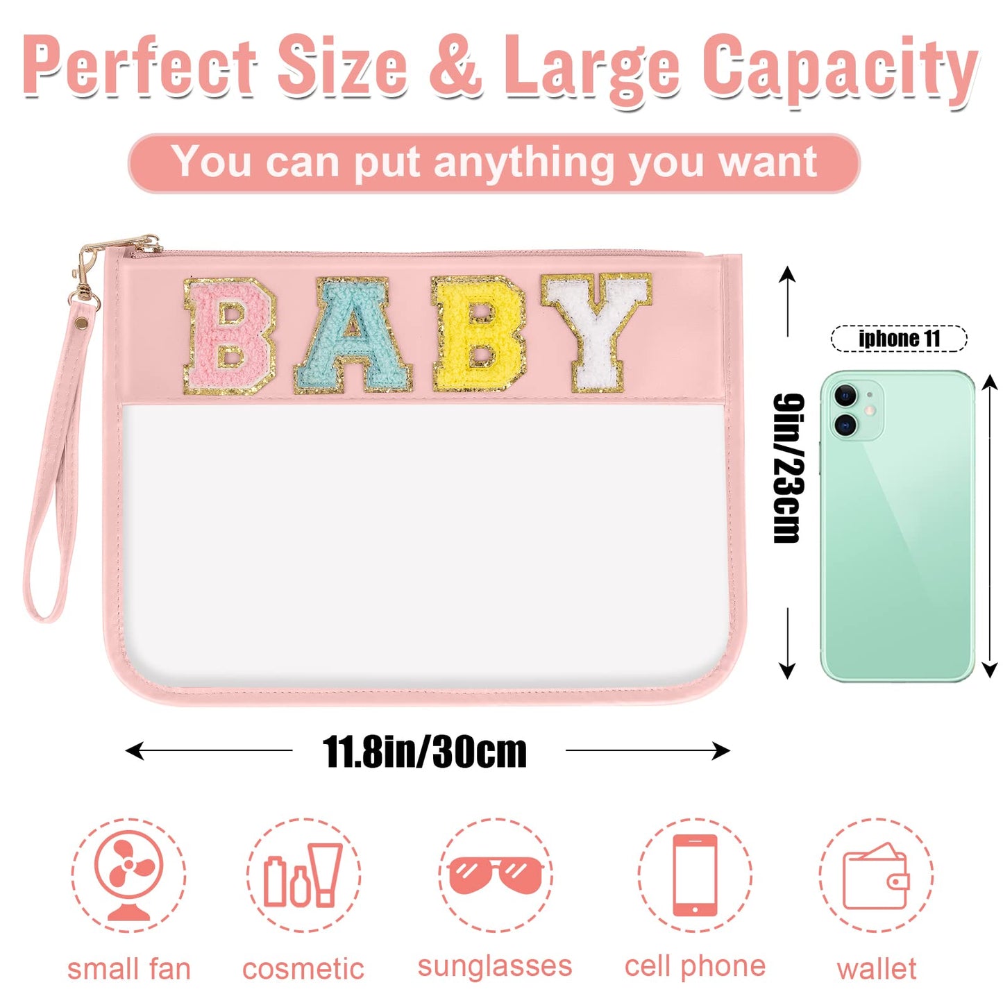 izuzta Chenille Letter Clear Bag Baby Purse Pouch, Monogram PVC & PU Clear Zipper Pouch with Wristlet, Waterproof Portable Glitter Snacks Makeup Beach Pouch Toiletry Bag for Women Girls (BABY-Pink)