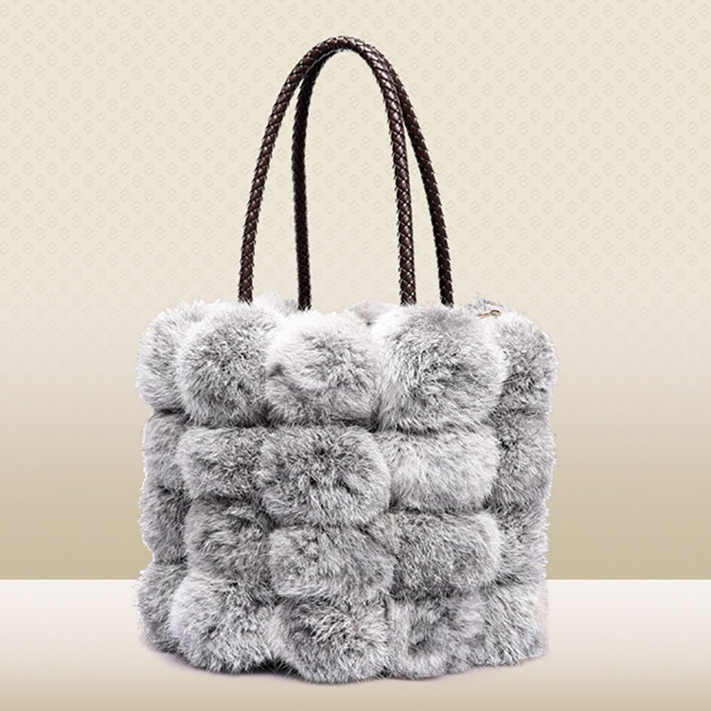 QZUnique Faux Fur Bucket Handbag Women's Drawstring Fur Crossbody Bag Shoulder Tote Bag