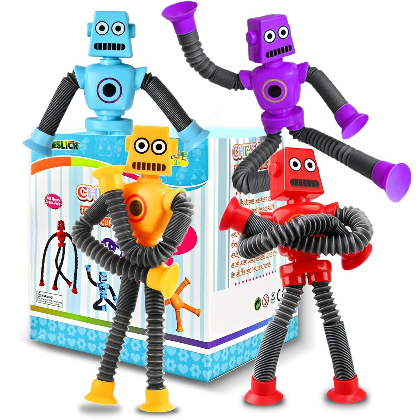 Robot Sensory Travel Toys 4Pcs for Toddlers Kid Boy Year Old Ages 3 4 5 6 7 8 9, Airplane Activities Suction Autism Pop Tube Fidget Toys Autistic Stocking Easter Basket Stuffer Valentine Gift for Kids