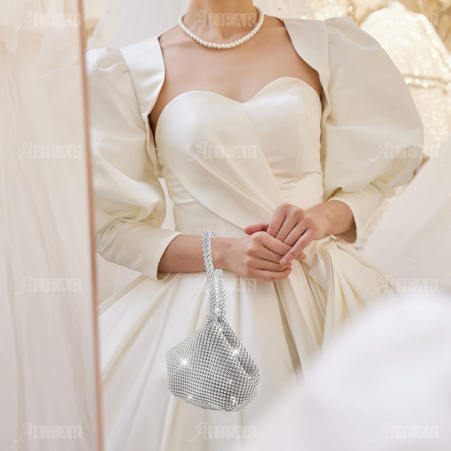 AUEAR, Triangle Bling Zipper Pouch Mini Size Women's Evening Clutch Bag Luxury Full Purse Sparkly Handbag for Prom Cocktail Party Wedding Engagement Silver