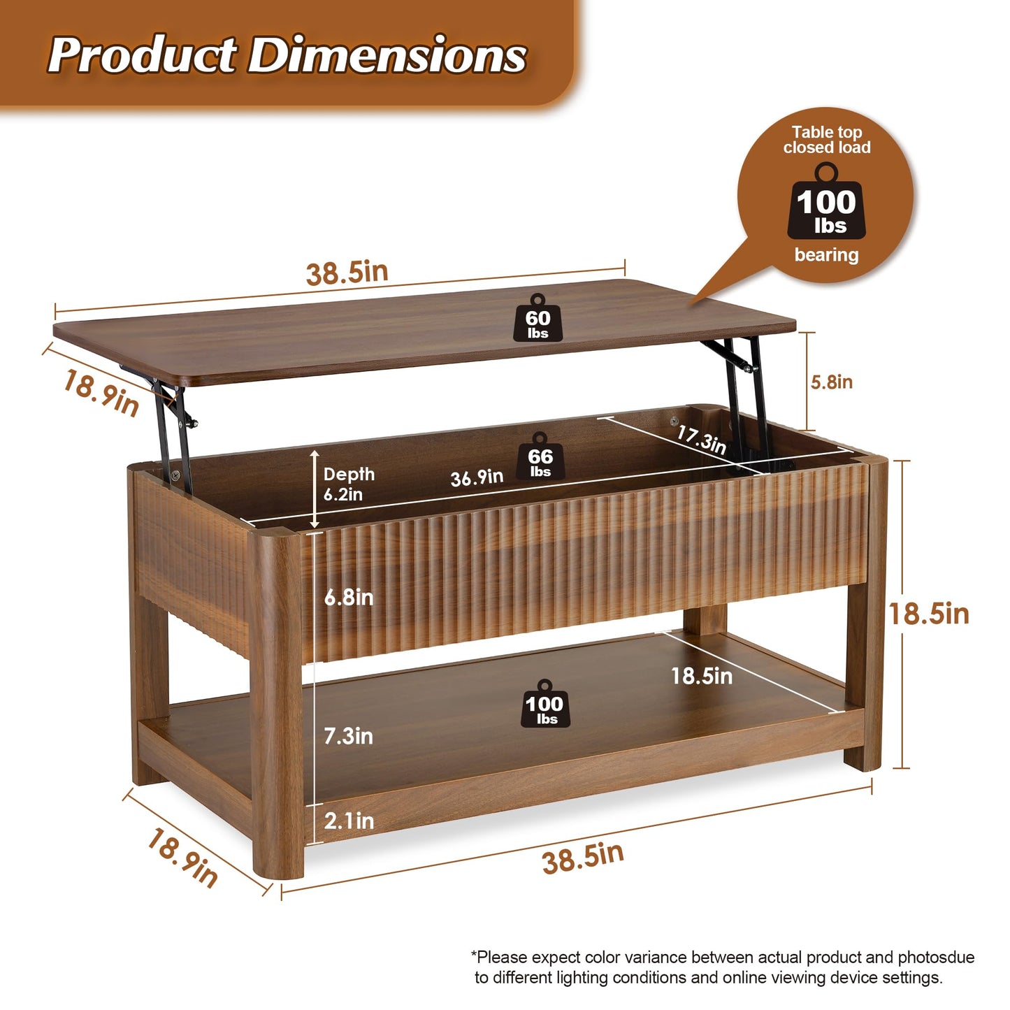 Nasonet Lift Top Coffee Table with Storage, Mid Century Modern Coffee Table with Hidden Compartment, Fluted Wood Center Table for Small Space, Living Room, Home Office(Walnut)