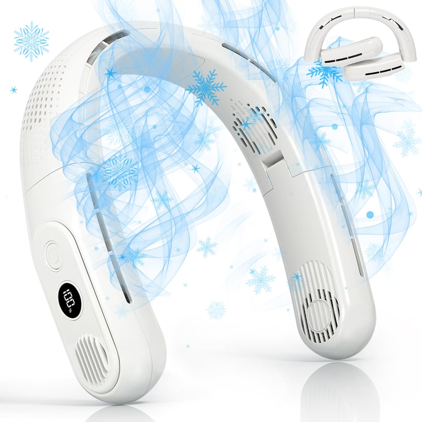 OLV Rechargeable 4 Turbo 6000mAh Portable Neck Fan - 360 Cooling Airflow, 3 Speeds, LED Battery Display, Foldable, Bladeless - Personal Fan for Work, Travel, Outdoor Activities - Black