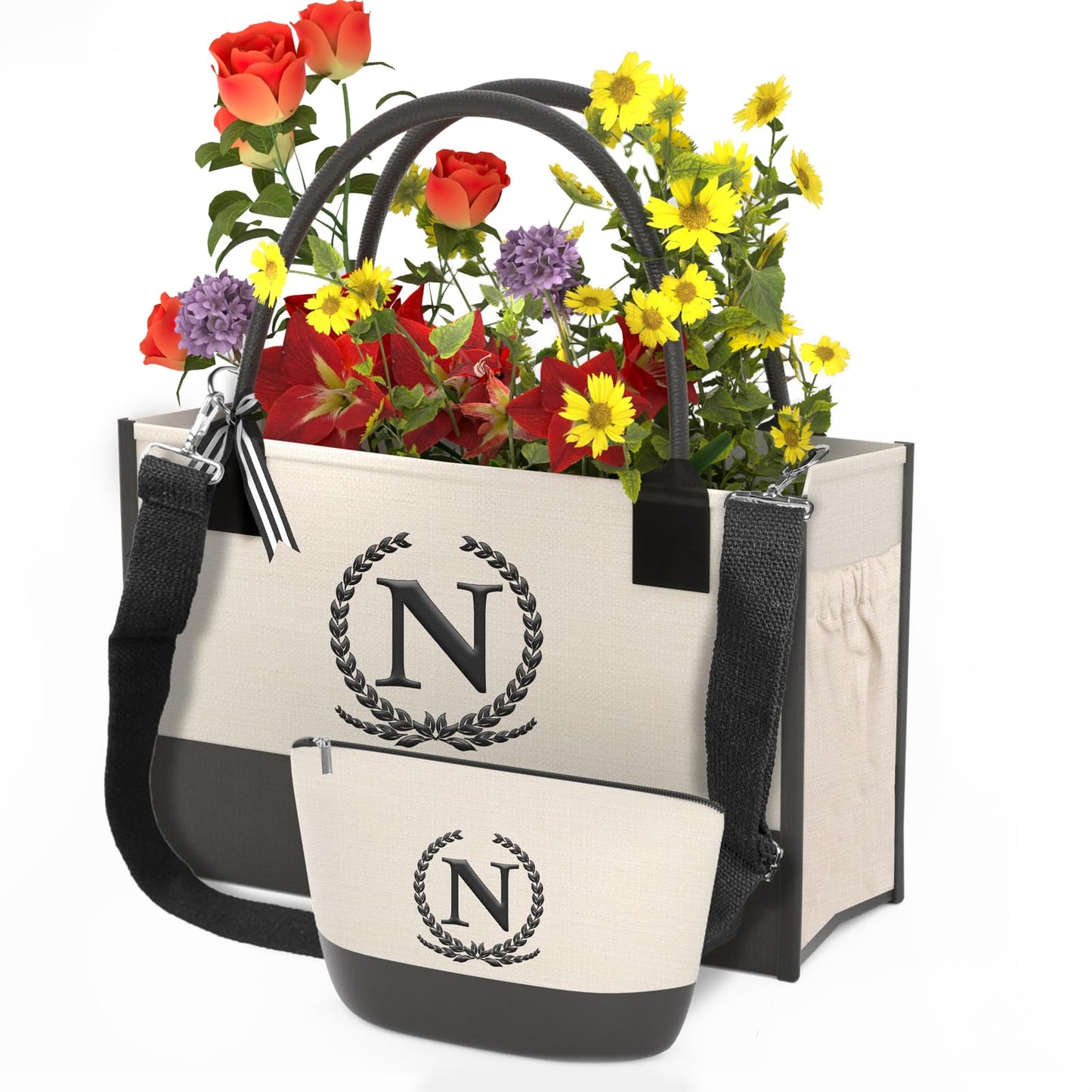 Monogrammed Canvas Tote Bag with Zipper Pockets - Ideal Gift for Mom, Teacher, Sister