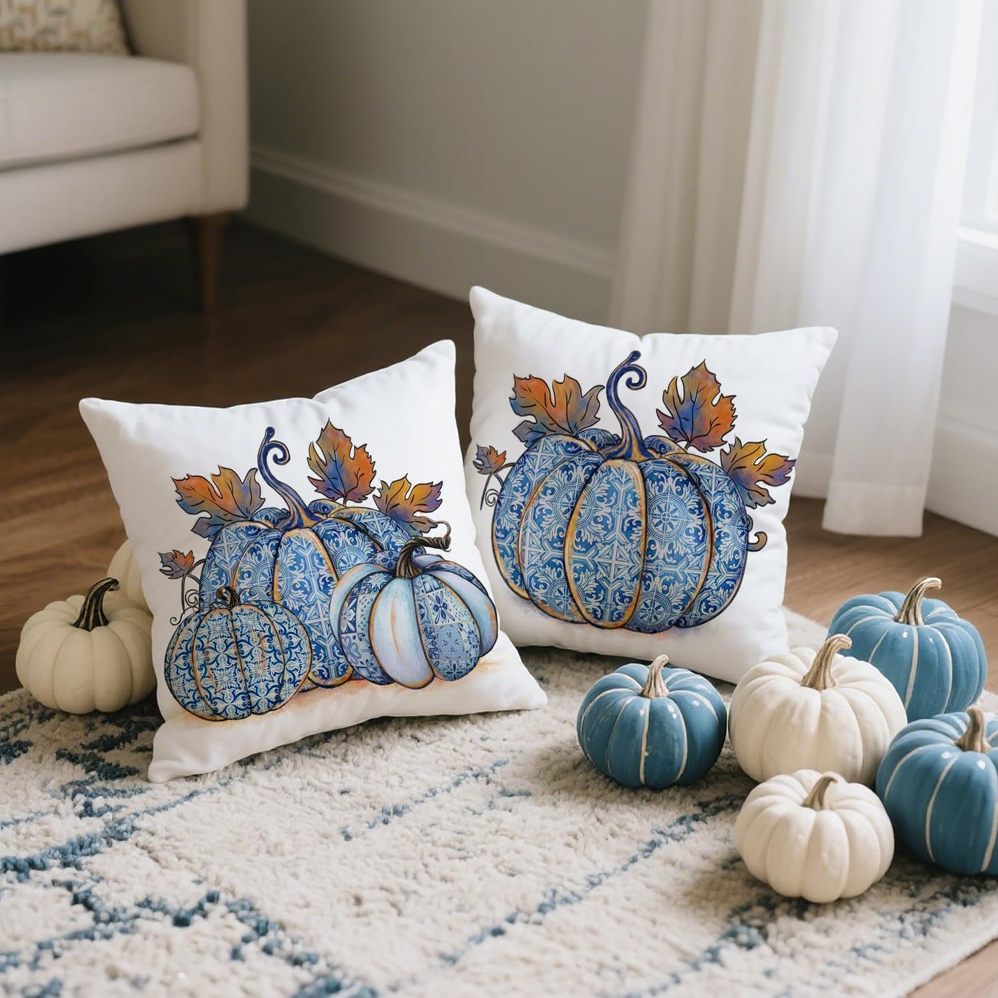 Puacino Fall Pumpjin Pillow Covers 18x18 Inch Set of 2, Blue Porcelain Pumpkin Decorative Pillow Cases for Couch Sofa, Autumn Harvest Farmhouse Decor Cushion Cover for Thanksgiving Home Decoration