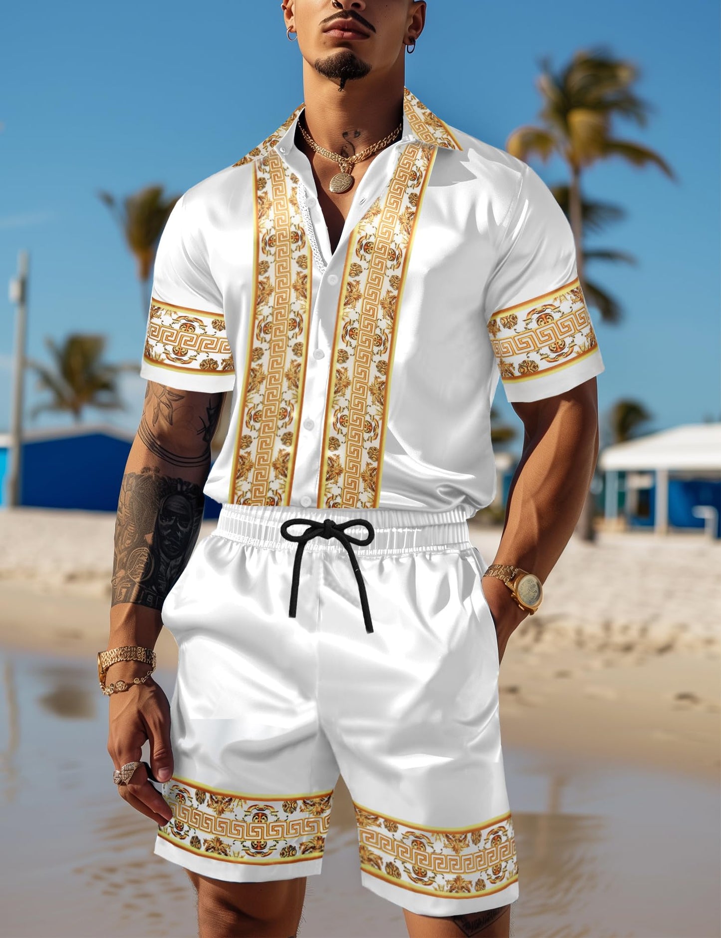 ZSJR Mens Hawaiian Outfits Christmas Shirt Satin African Camisas De Seda Para Hombres Clearance Sets 2 Piece Fashion Casual Luxury Shiny Silk Like Button up Dress Rompers Sexy Miami Shirts for Men