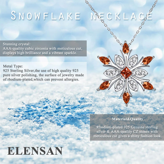 Elensan Women's 925 Sterling Silver Blue Crystals Snowflake Pendant Fashion Necklace Collarbone Chain (Red)