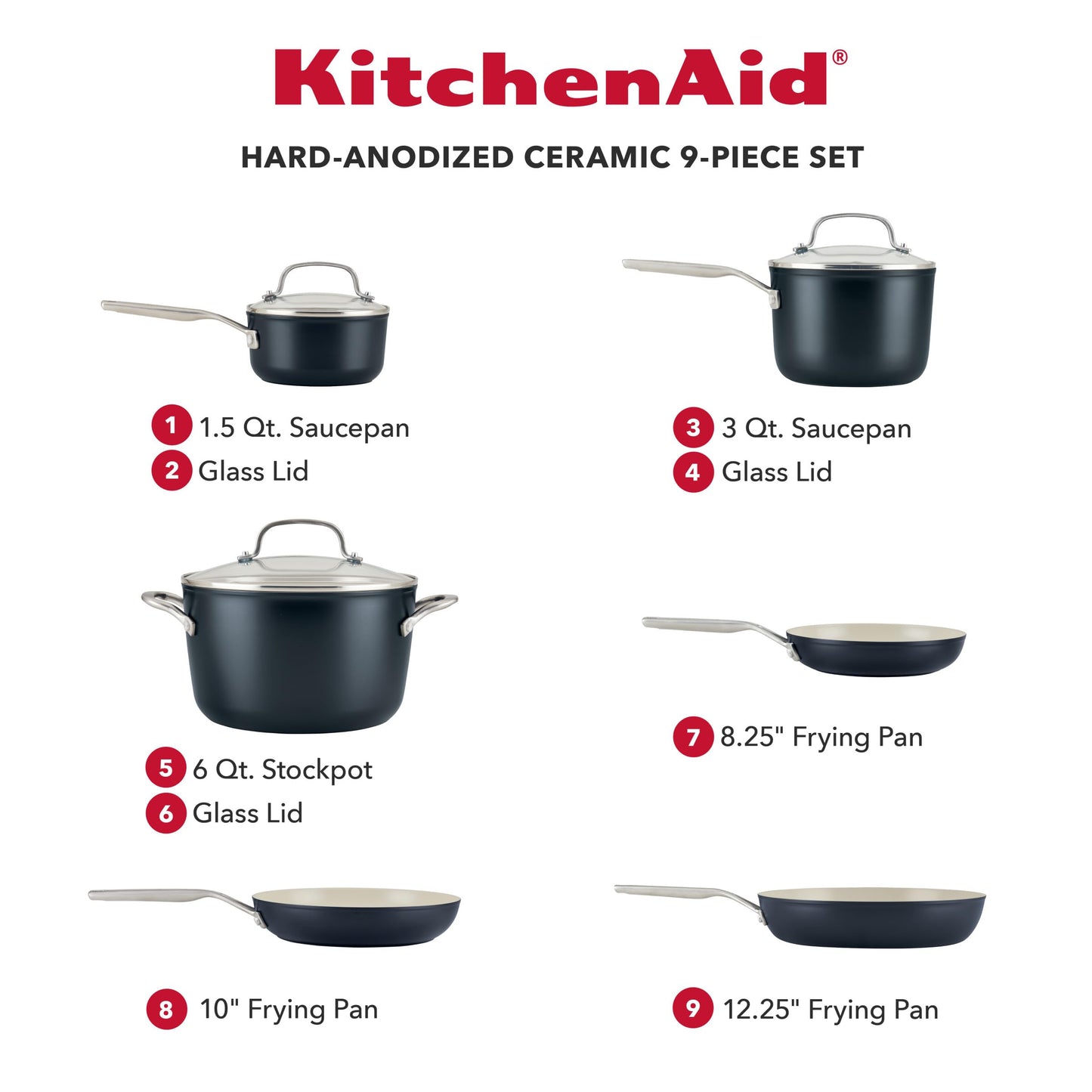 KitchenAid Hard Anodized Ceramic Nonstick Cookware Pots and Pans Set, 9 Piece - Matte Black