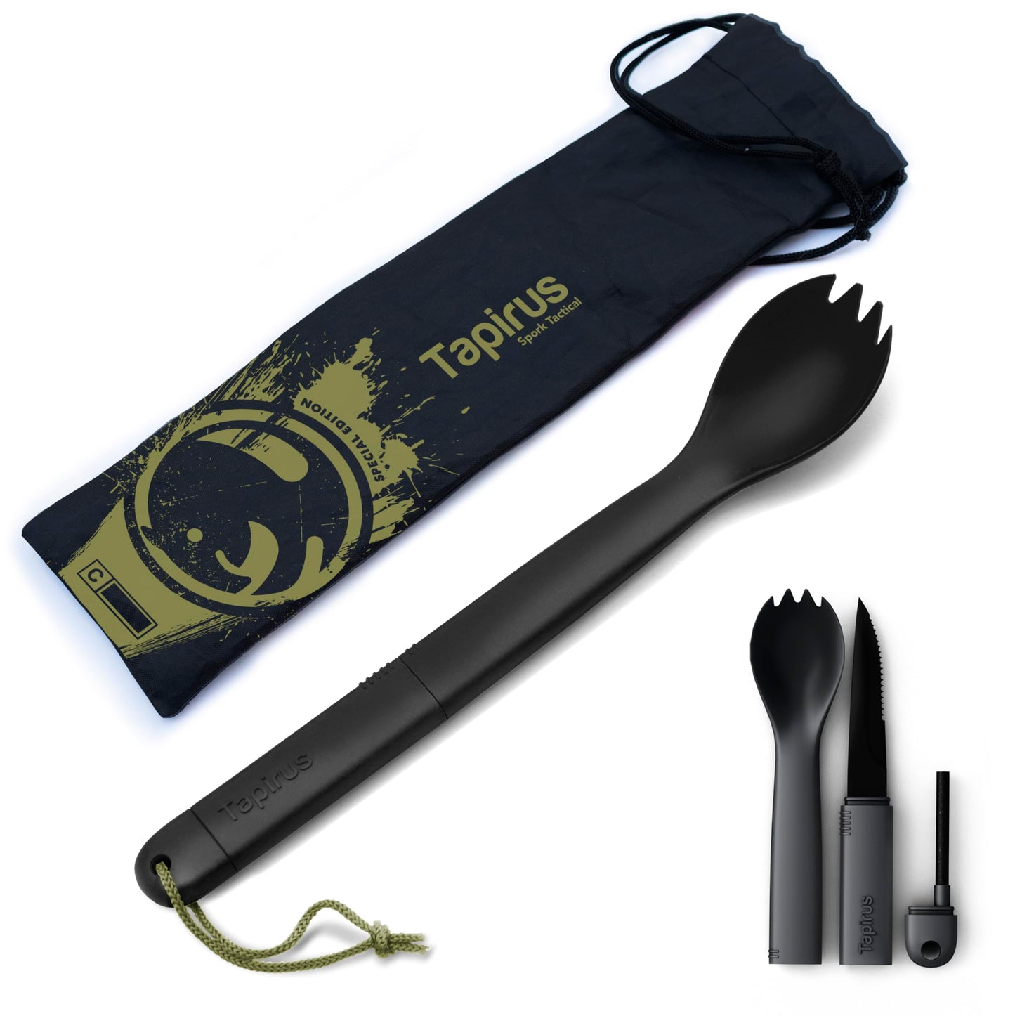 Tapirus Spork Tactical Green | BPA Free Spoon Fork, Stainless Steel Knife and Fire Starter | 3 in 1 multipurpose utensil | Outdoor hiking, camping & backpacking gear | Fit for MRE