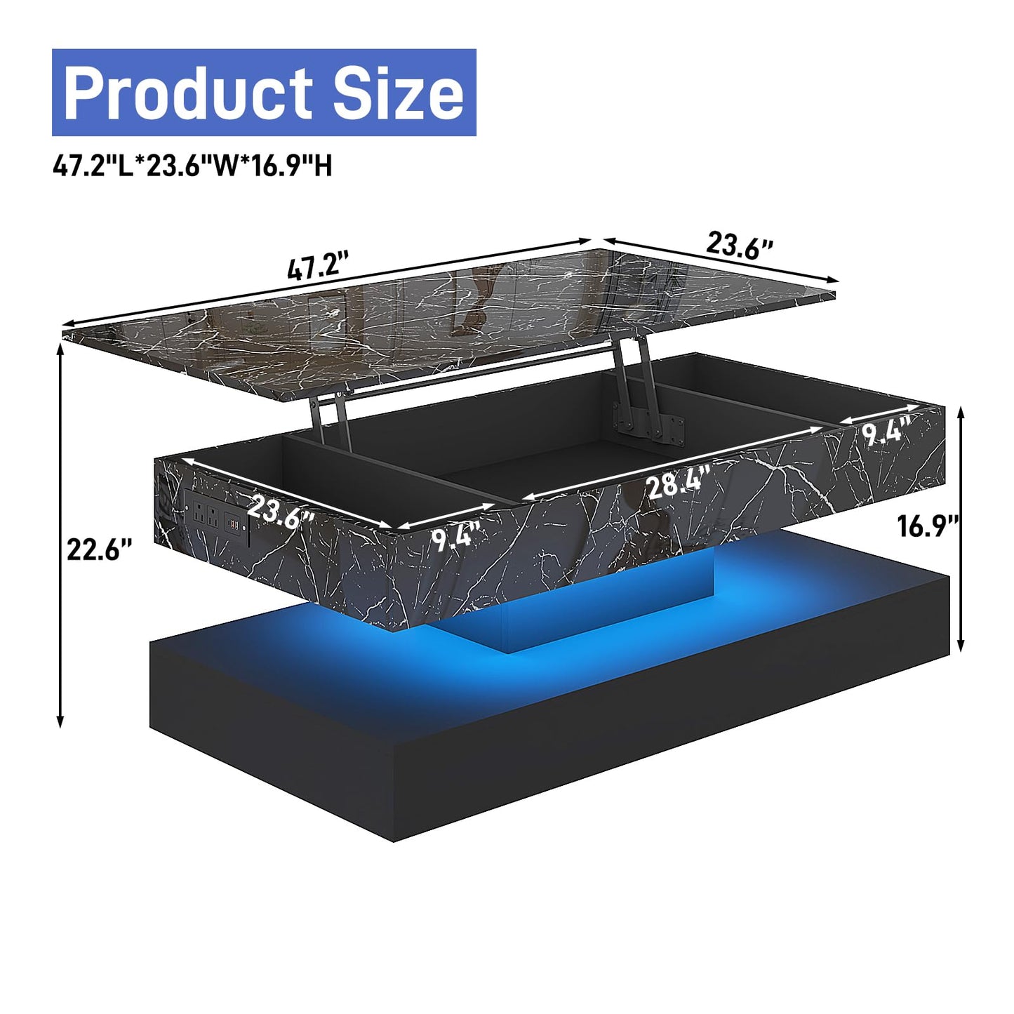 chartustriable 47.2" Large Lift Top Coffee Table with Charging Station, LED Modern High Glossy Center Table with Hidden Compartment Storage, White Lift Living Room Tables with Marbling Print, Black