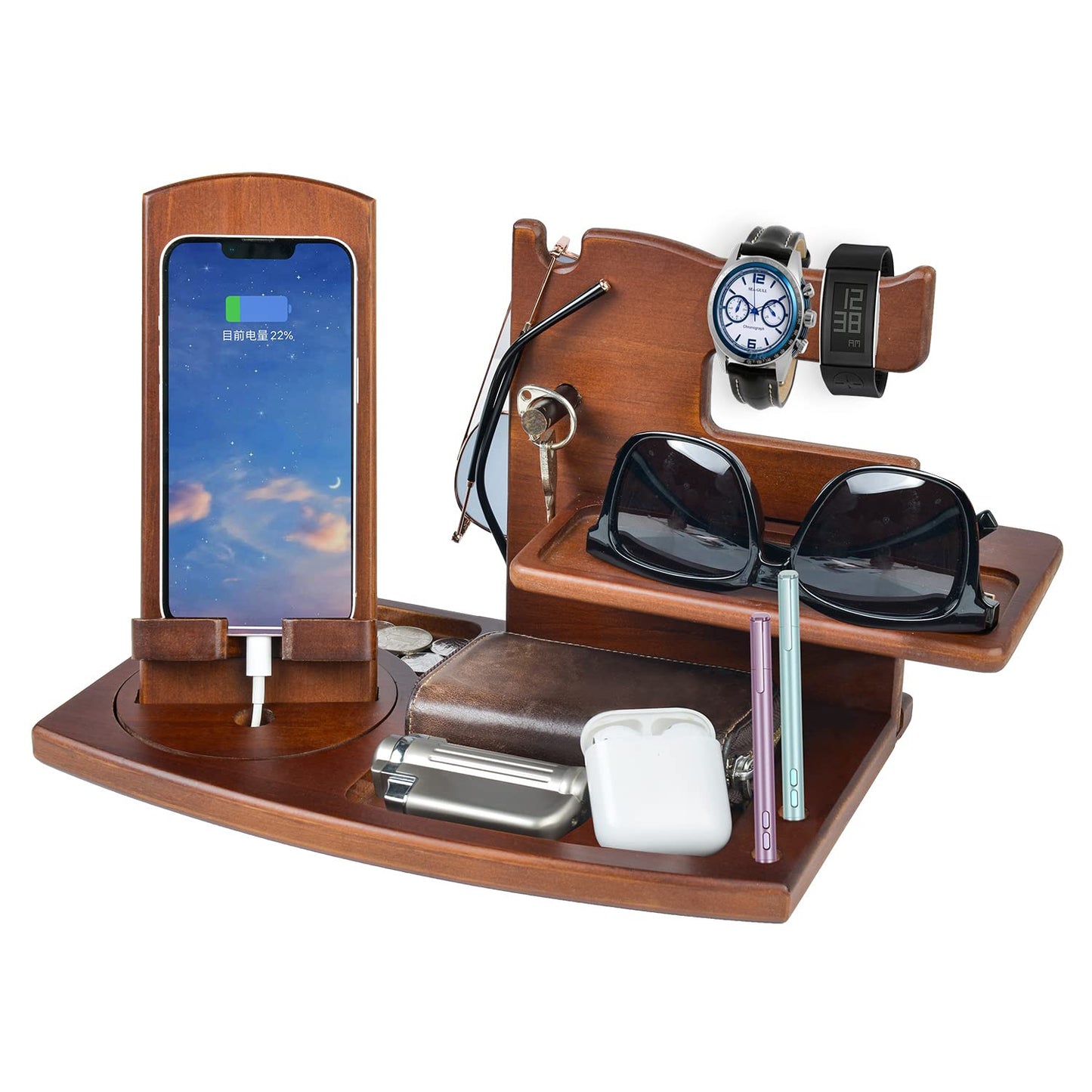 Gifts for Men, Fathers Day Wood Phone Docking Station for Men, Desk or Nightstand Organizer, Mens Gifts for Husband, Birthday Gifts for Men,Gifts for Fathers Day, Key Holder Wallet, Watch & Essentials