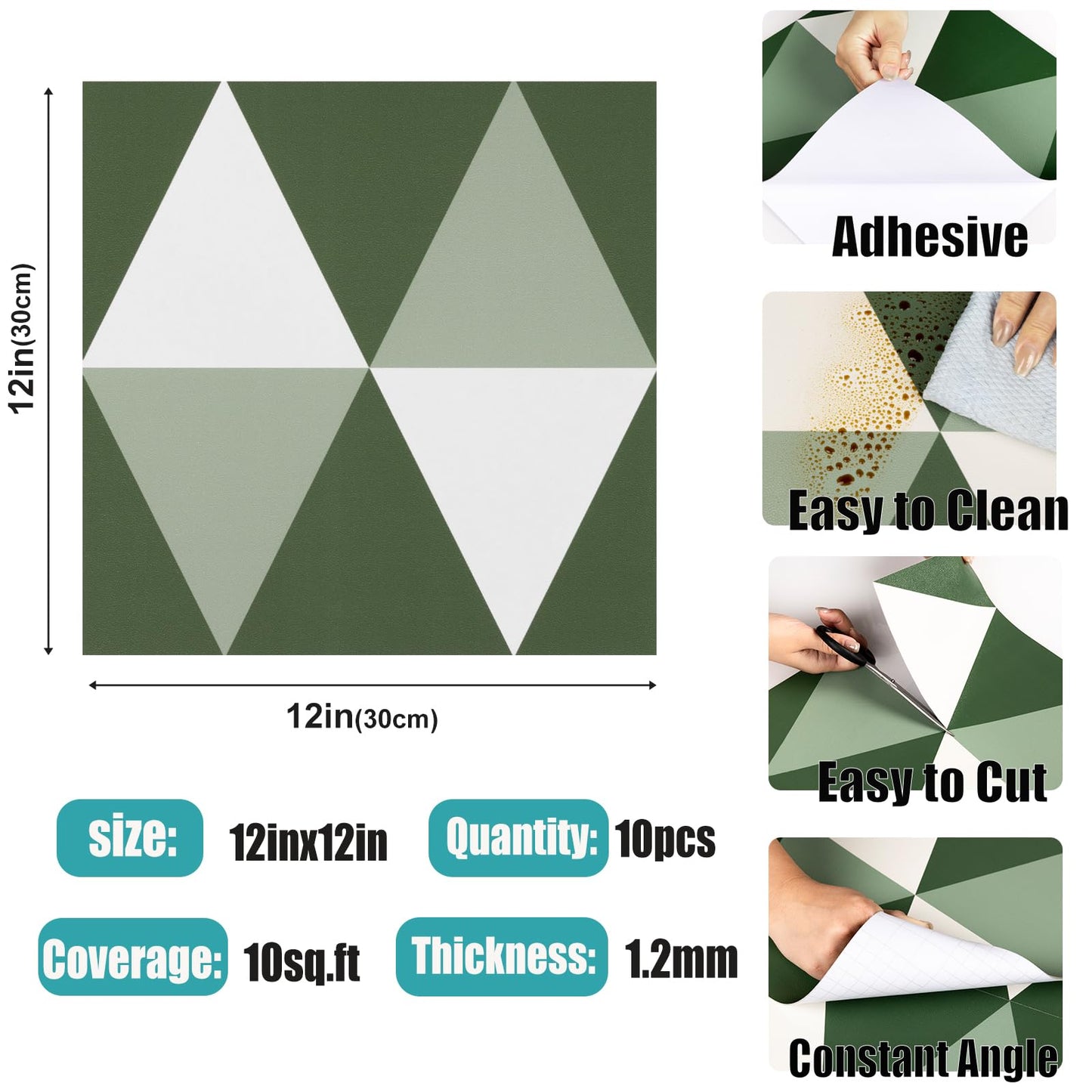 Alow Peel and Stick Floor Tile,Green Self-Adhsive Peel and Stick Flooring,Waterproof Vinyl Flooring Suit for KitchenγToilet (12Γ12in 10pcs)