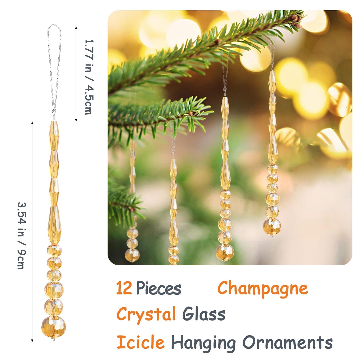 LUMITI 12pcs Crystal Icicle Christmas Tree Ornaments, Glass Beads Hanging Chandelier Pendants for Christmas Party Wedding Winter Decorations (Gold)