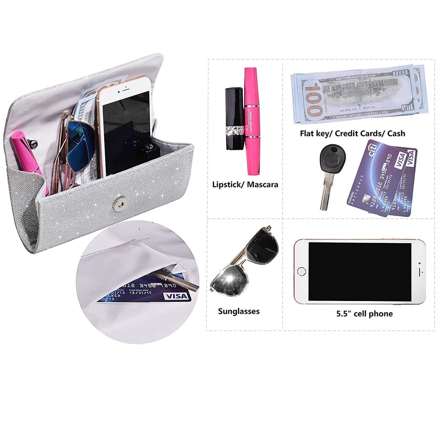 Outrip Women's Evening Bag Clutch Purse Glitter Party Wedding Handbag with Chain (Silver)