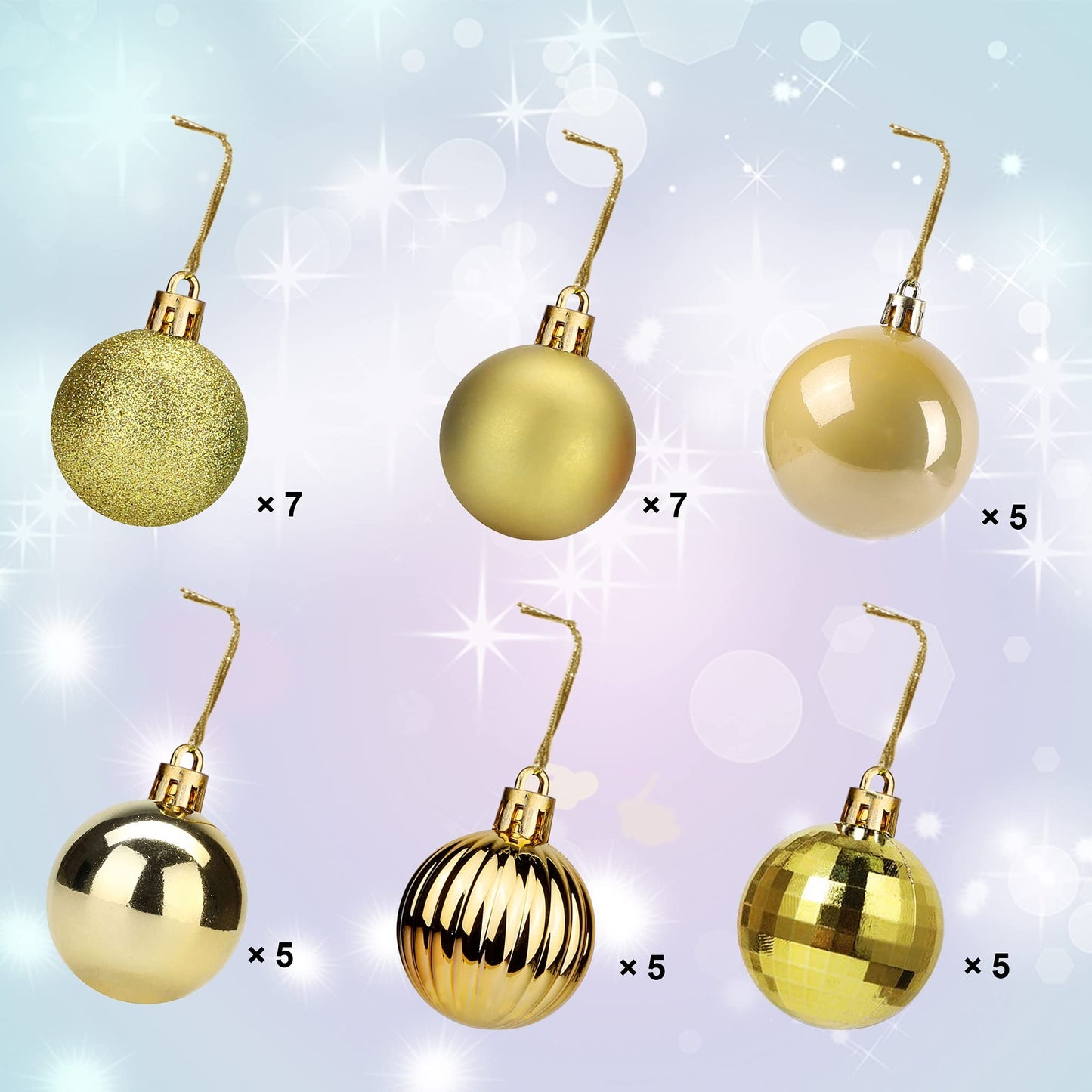 Lulu Home Christmas Ball Ornaments, 34 Ct 1.57" Pre-Strung Hanging Ornament Decorations, Xmas Shatterproof Plastic Balls for Holiday Party Wreath Garlands Trees, Golden