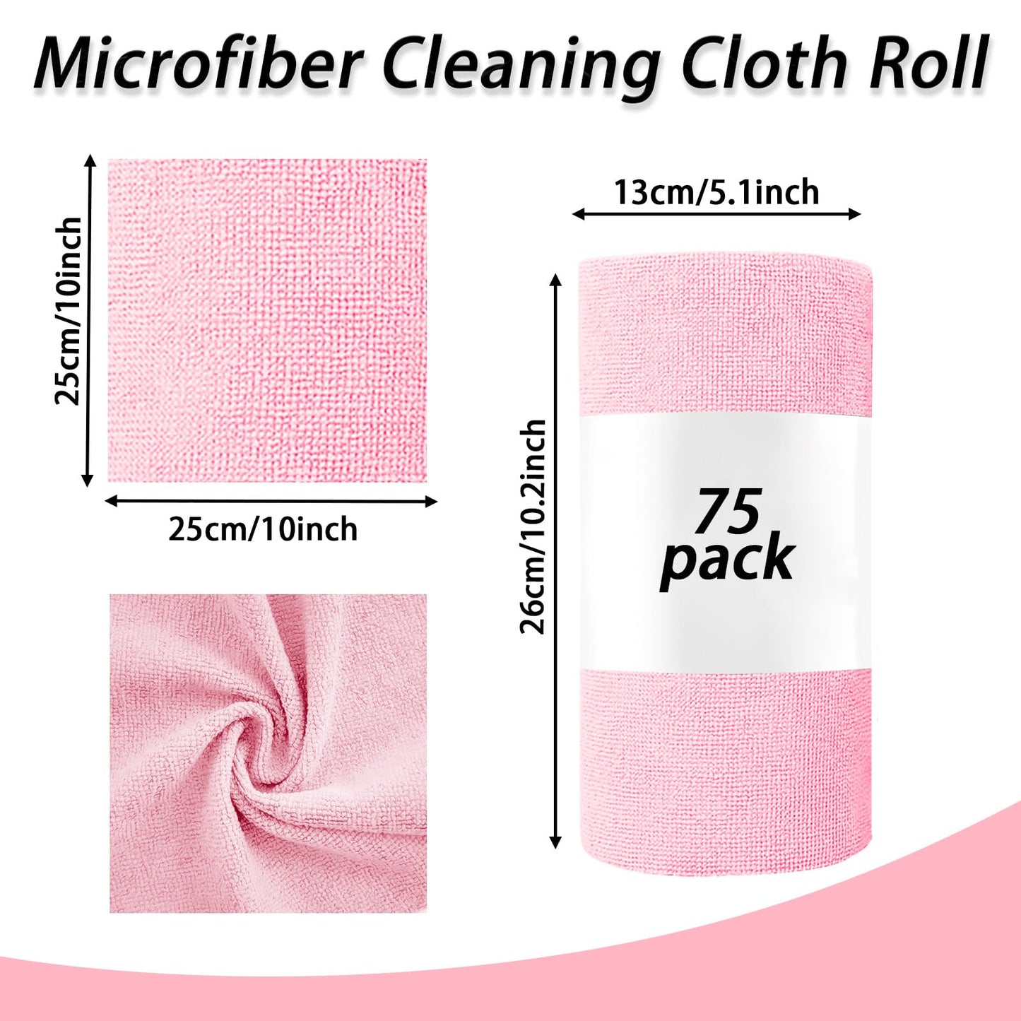 Microfiber Cleaning Cloth Roll,75 Pack Reusable Tear Away Microfiber Towels,Ultra Absorbent Dish Rags for Car,Home,Garage or Shop (Pink)