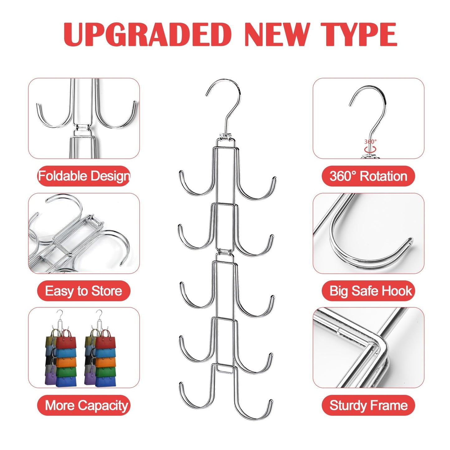 Purse Hanger for Closet, Collapsible Metal Purse Organizer with 20 Big Hooks(2 Pack), 360° Rotation for Better Organizer&Display, Foldable Bag Hangers Space Saving for Handbag, Belt, Scarve, Tie