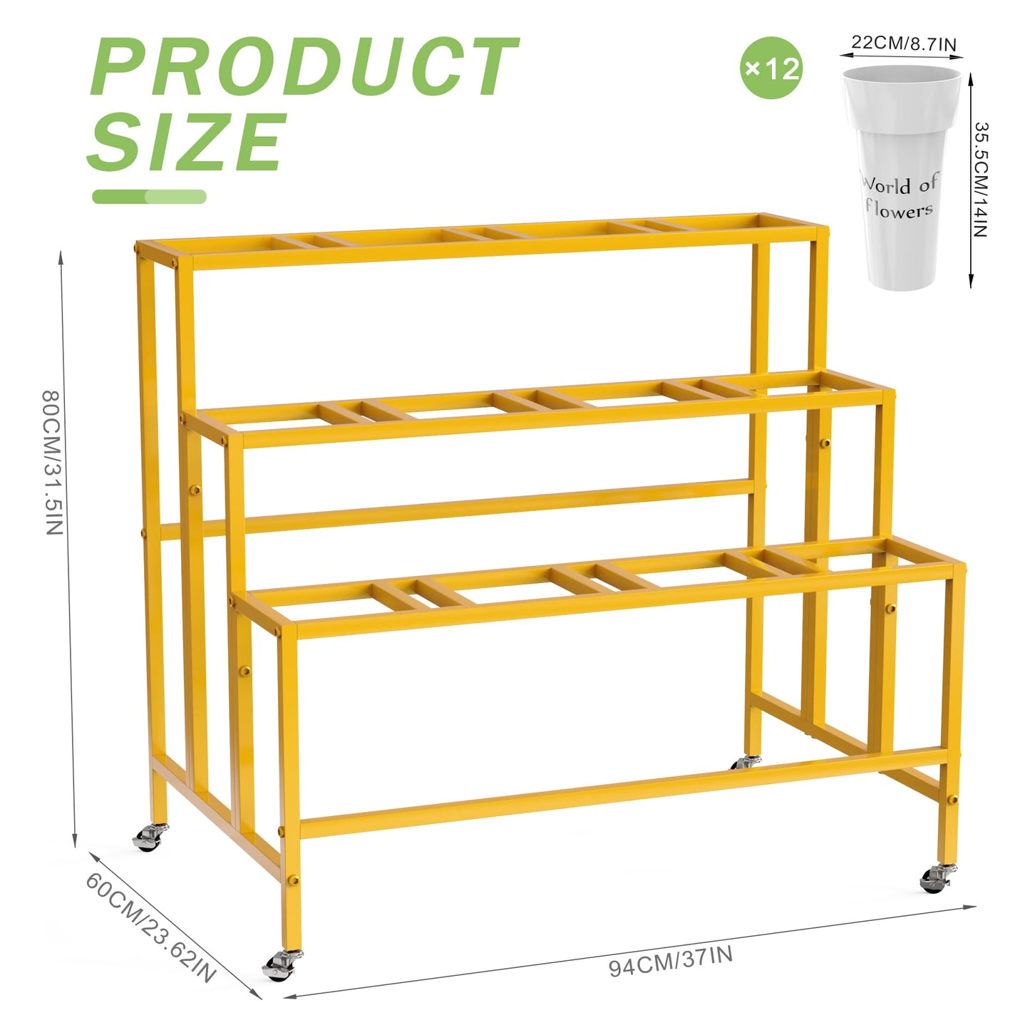 VGMiu Flower Display Stand with 12 Buckets, 3 Layers Flower Cart Gold Metal Flower Bar Stand with Wheels, Moving Florist Bouquet Shelf for Weddings Florist Indoor Outdoor Patio Garden Living Room