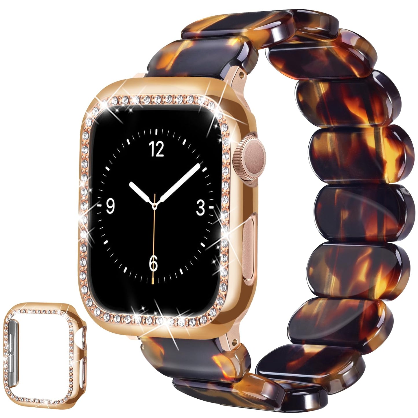 Stretchy Tortoise Resin Bracelet & Case Compatible with Apple Watch Band 40mm 38mm 41mm 42mm 44mm 45mm Women, Cute Lightweight Straps Fashion Elastic Wristbands for iWatch Series 9 8 7 6 5 4 3 2 1 SE