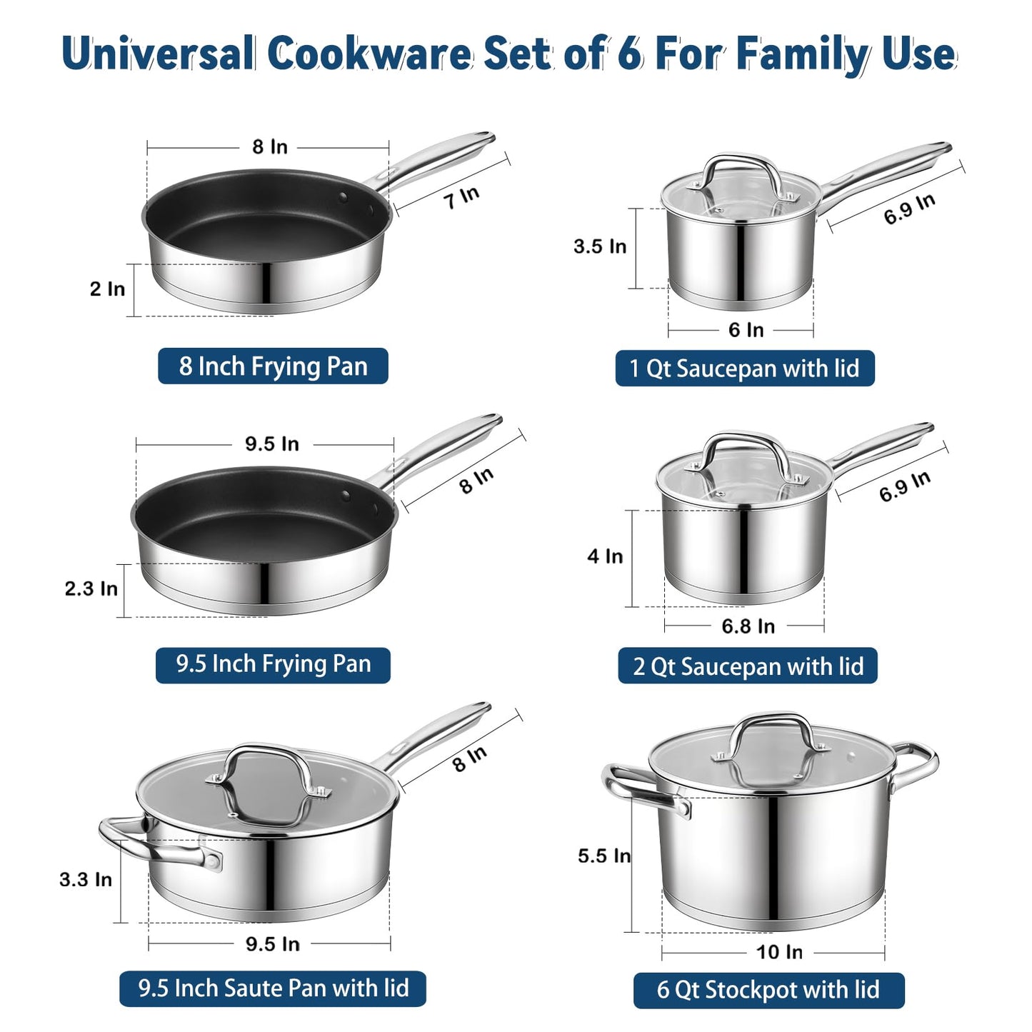 P&P CHEF 10 Pcs Pots and Pans Sets, Stainless Steel Cookware Set of 6 for Kitchen, Induction Cooking Pot & Saucepans with Glass Lids, Nonstick Frying Pans & Saute Pan