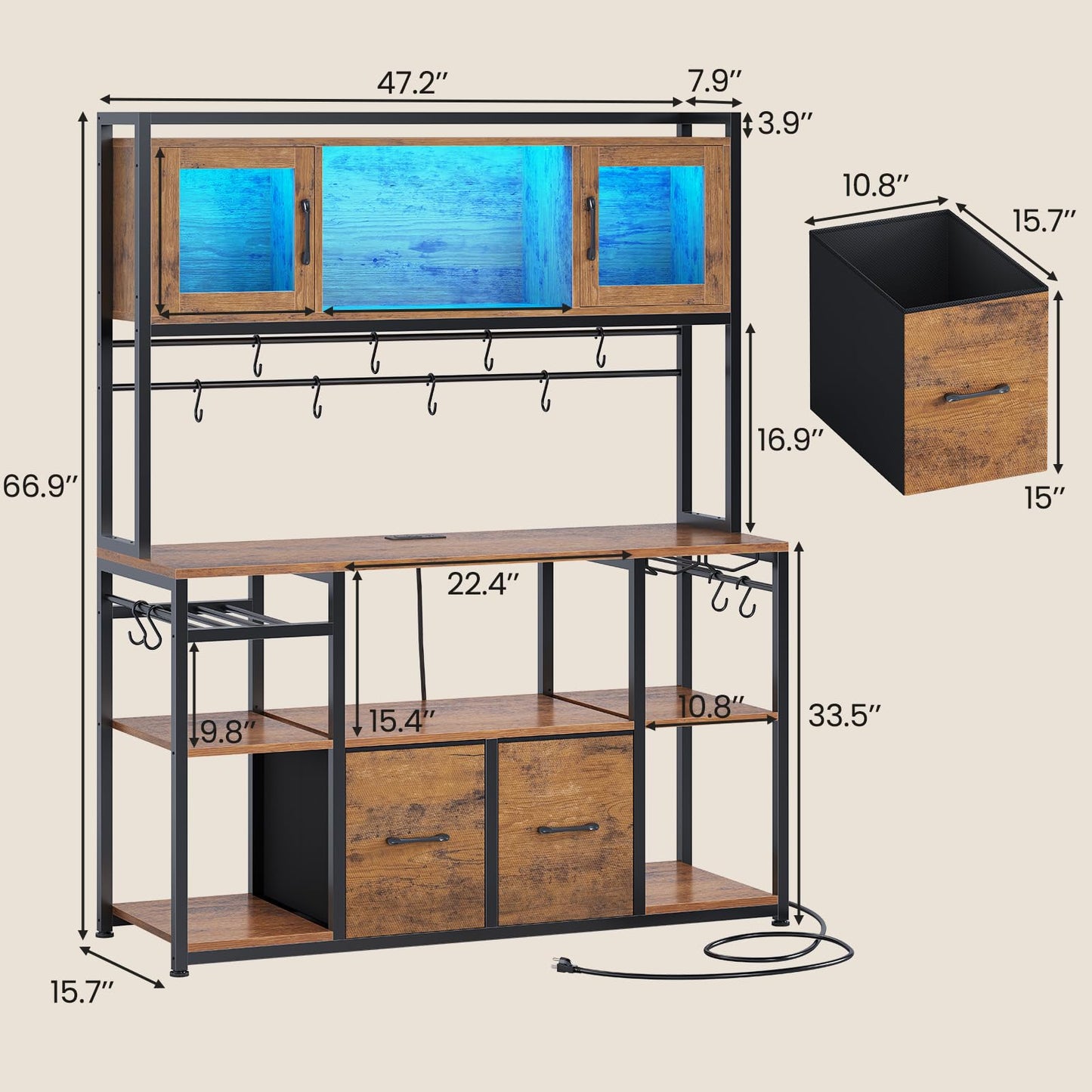 Itaar 47.2 Inch Coffee Bar Cabinet with Power Outlet, Farmhouse Bakers Rack with Storage, Kitchen Microwave Stand with Wine Rack, LED Light, Glass Cabinet, Goblet Holder and 12 Hooks (Rustic Brown)