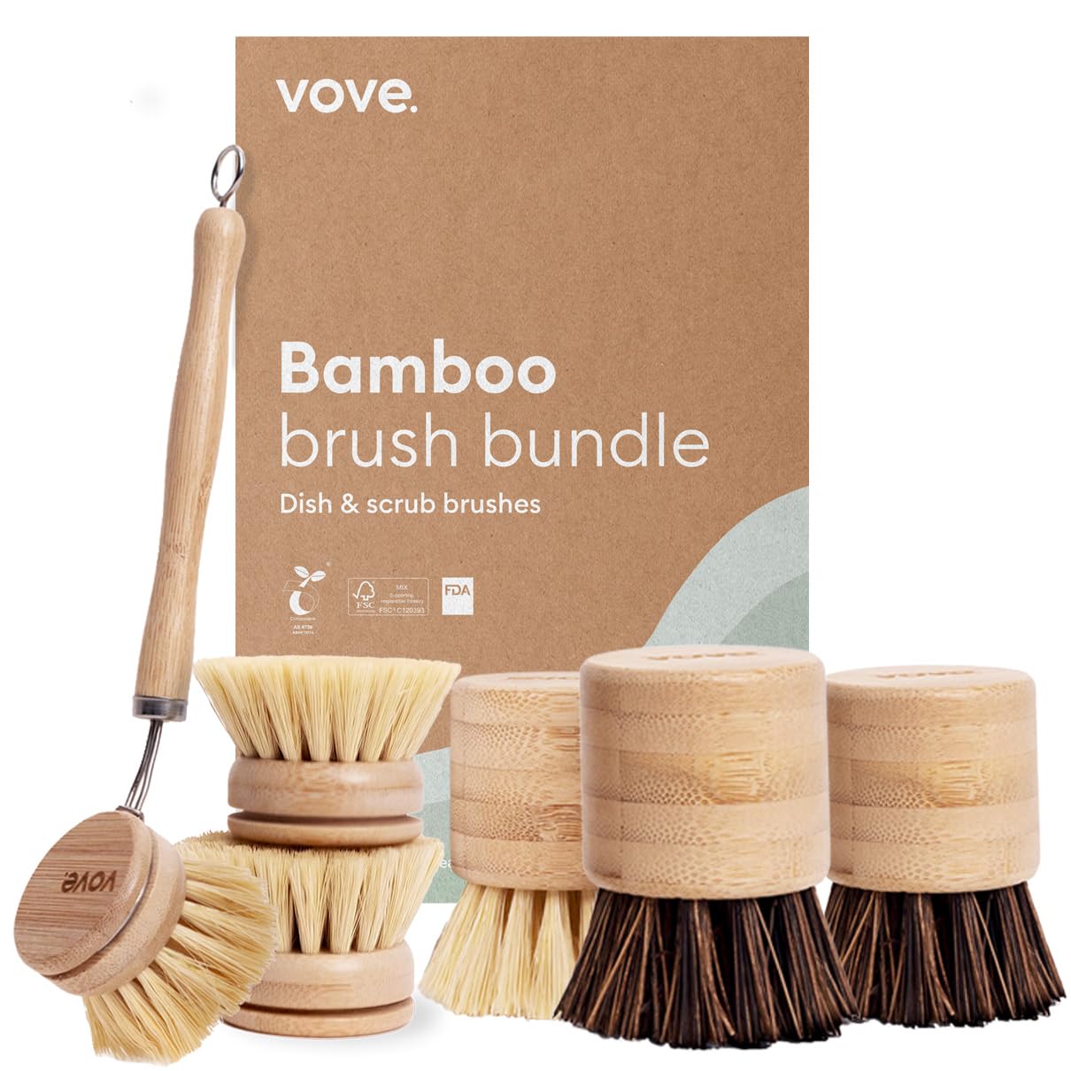 | Dish Brush Bundle | Bamboo Dish & Scrub Brush | with 3 Replacement Heads | Eco-Friendly Cleaning Bundle | Natural Fiber | Plastic Free | Sustainable Dish Brush | for Washing and Cleaning |