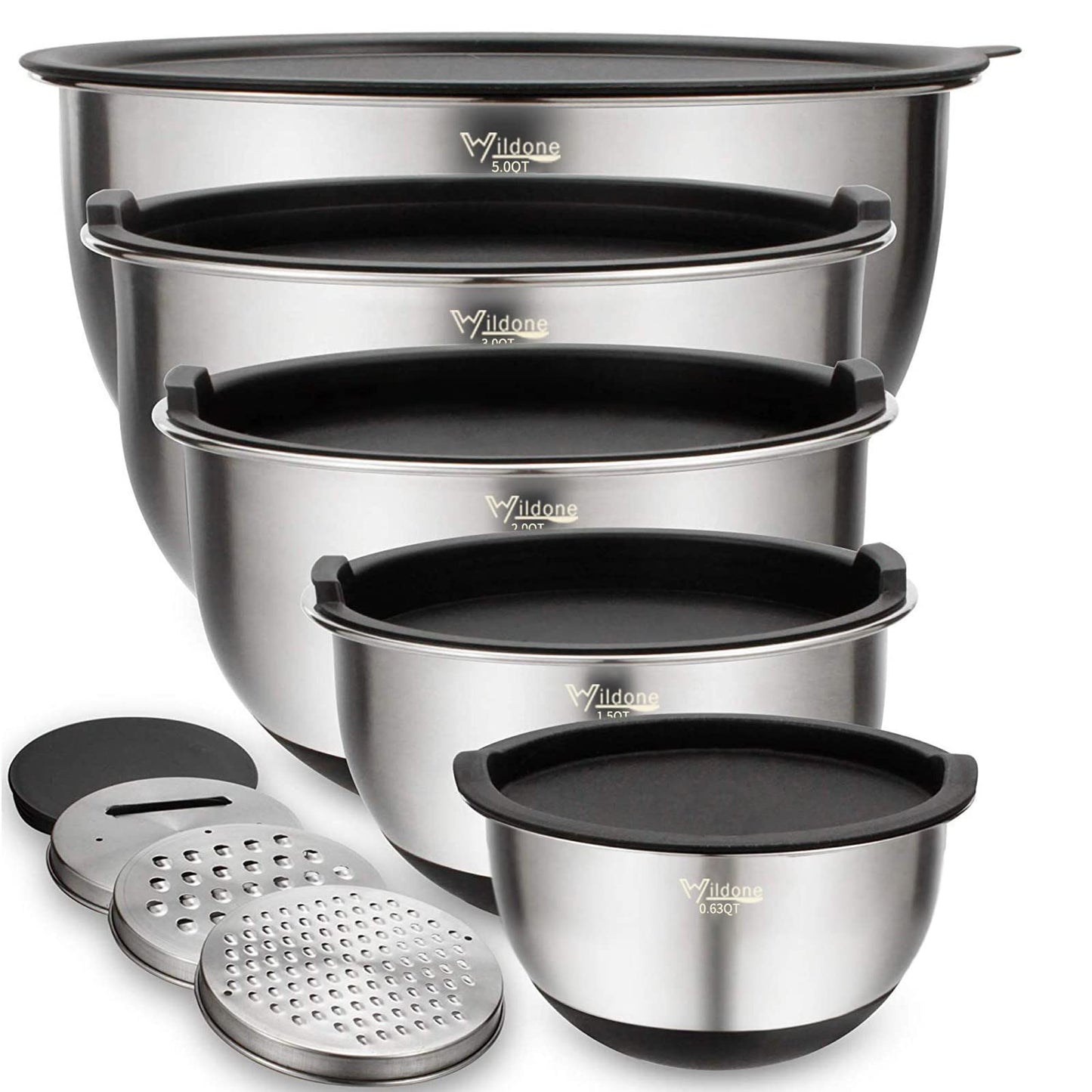 Wildone Mixing Bowls with Airtight Lids Set, 5PCS Stainless Steel Nesting Bowls for Kitchen, with Grater Attachments & Non-Slip Bottoms, Size 5, 3, 2, 1.5, 0.63 QT, Great for Mixing & Serving