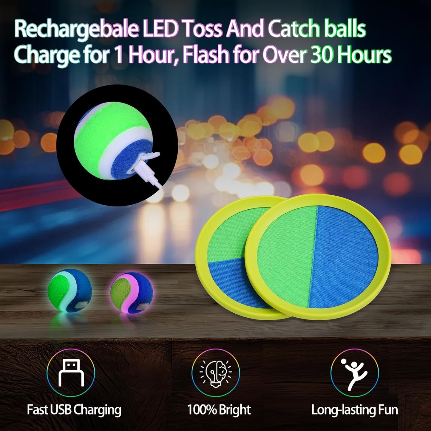 LED Toss and Catch Ball Set – Glow-in-The-Dark & Daytime Play with Rechargeable Light-Up Balls, Includes 2 Paddles & 2 Balls – Indoor & Outdoor Toy for Kids, Toddlers & Adults Fun
