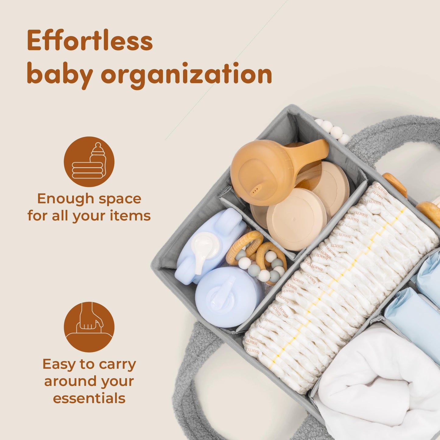Sweety Fox Baby Diaper Caddy Organizer with Handle - Portable Sherpa Nursery Basket - Car Diaper Organizer, Cleaning Caddy, Gift for Baby Shower - Grey