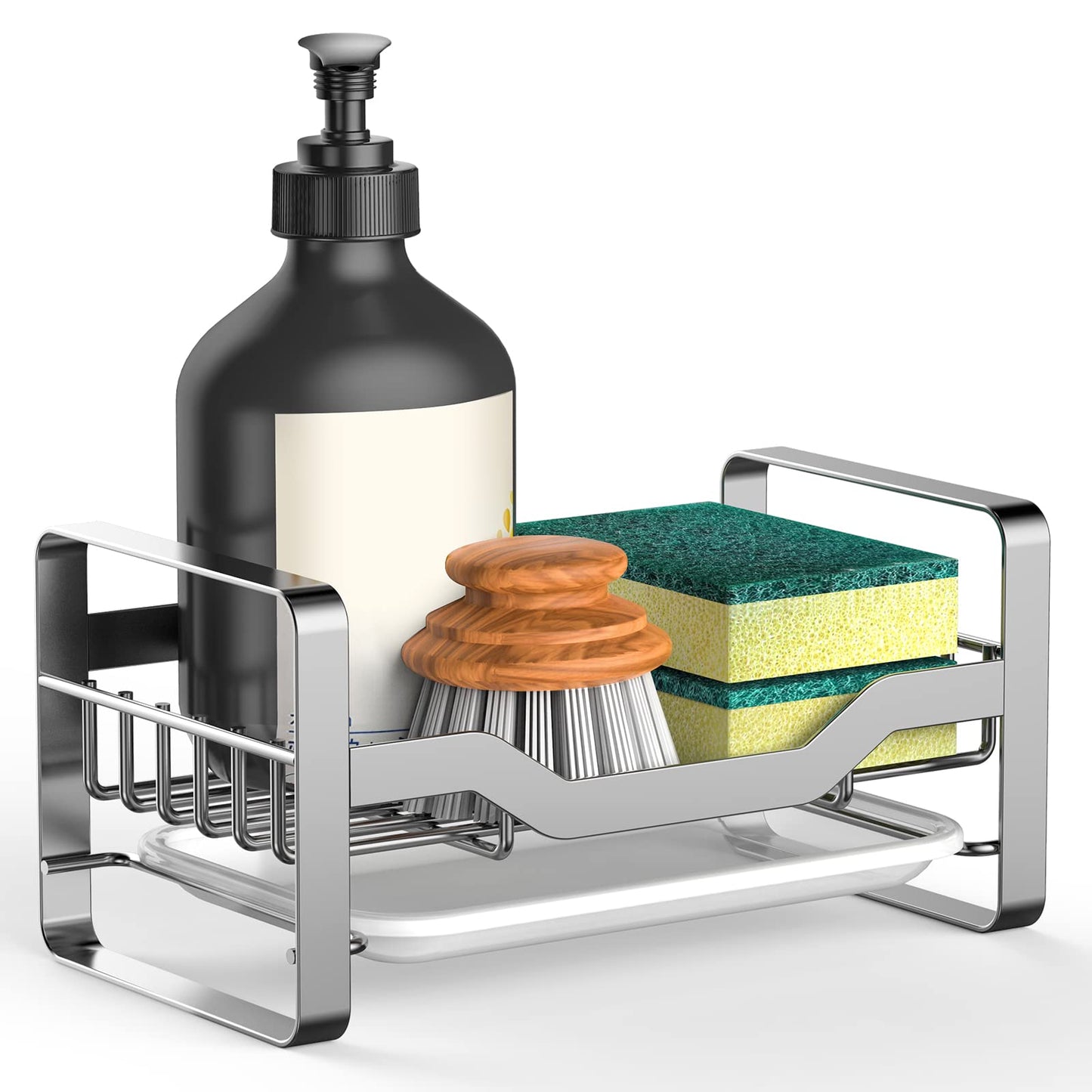 Kontoyo Kitchen Sink Caddy Sponge Holder,304 Stainless Steel Holder for Sink,Kitchen Organizer Soap Brush Dispenser,Countertop with Removable Drain Tray (Silver)
