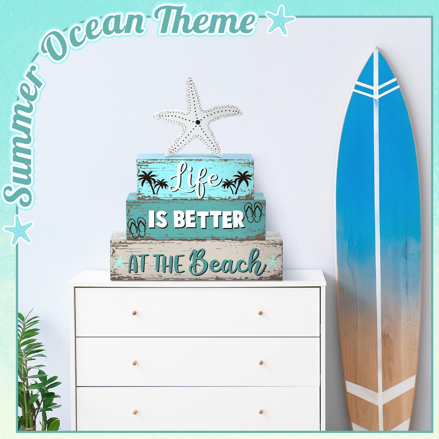 Geelin 4 Pcs Summer Table Decorations Ocean Life Better Wooden Block Signs Beach Theme Starfish Palm Slipper Tabletop Centerpieces Farmhouse Tiered Tray Decor for Home Table Kitchen Shelf