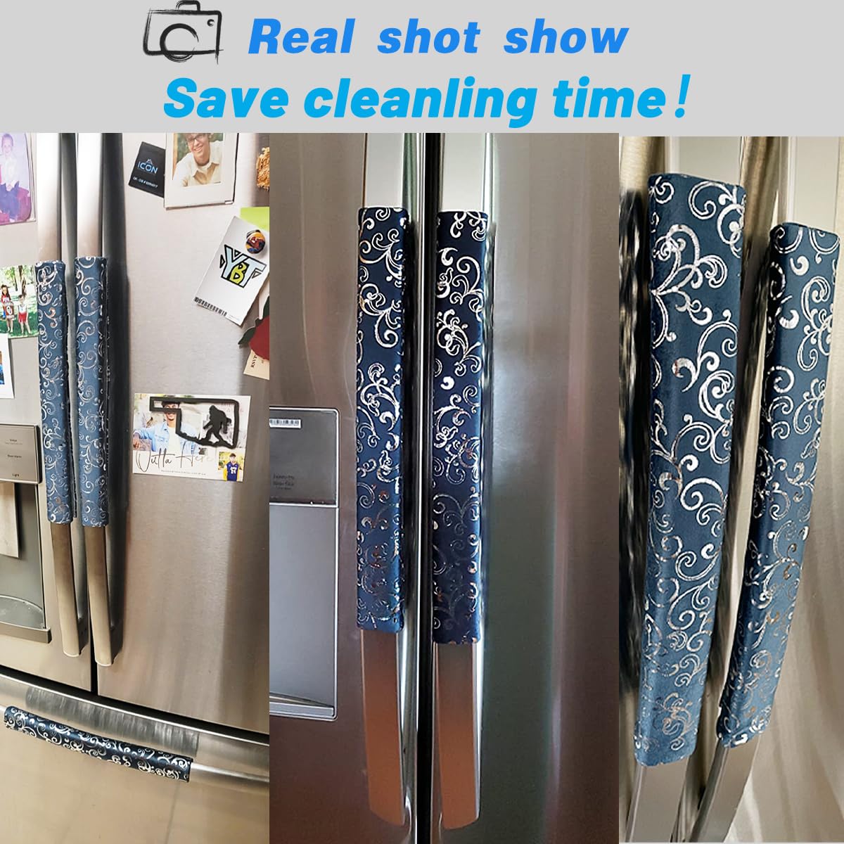 Volecy Refrigerator Door Handle Covers, Set of 6 Velvet Appliance Handle Covers Keep Appliance Clean for Fridge Microwave Stove Bathroom Catch Stains Dust Fingerprint Prevent Spread (Printed Blue)