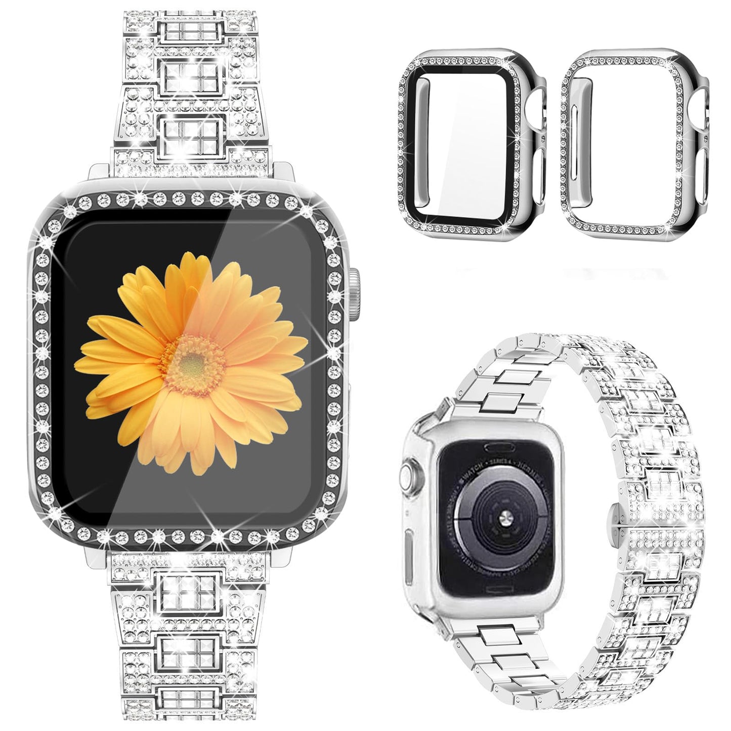 Mesime Compatible for Apple Watch Band with Screen Protector Case, Jewelry Replacement Bands 46mm 45mm 44mm 42mm 41mm 40 mm 38mm 2 Pack Protective Cover for iWatch Series 10/9/8/7/6/5/4/3/2/1/SE Women