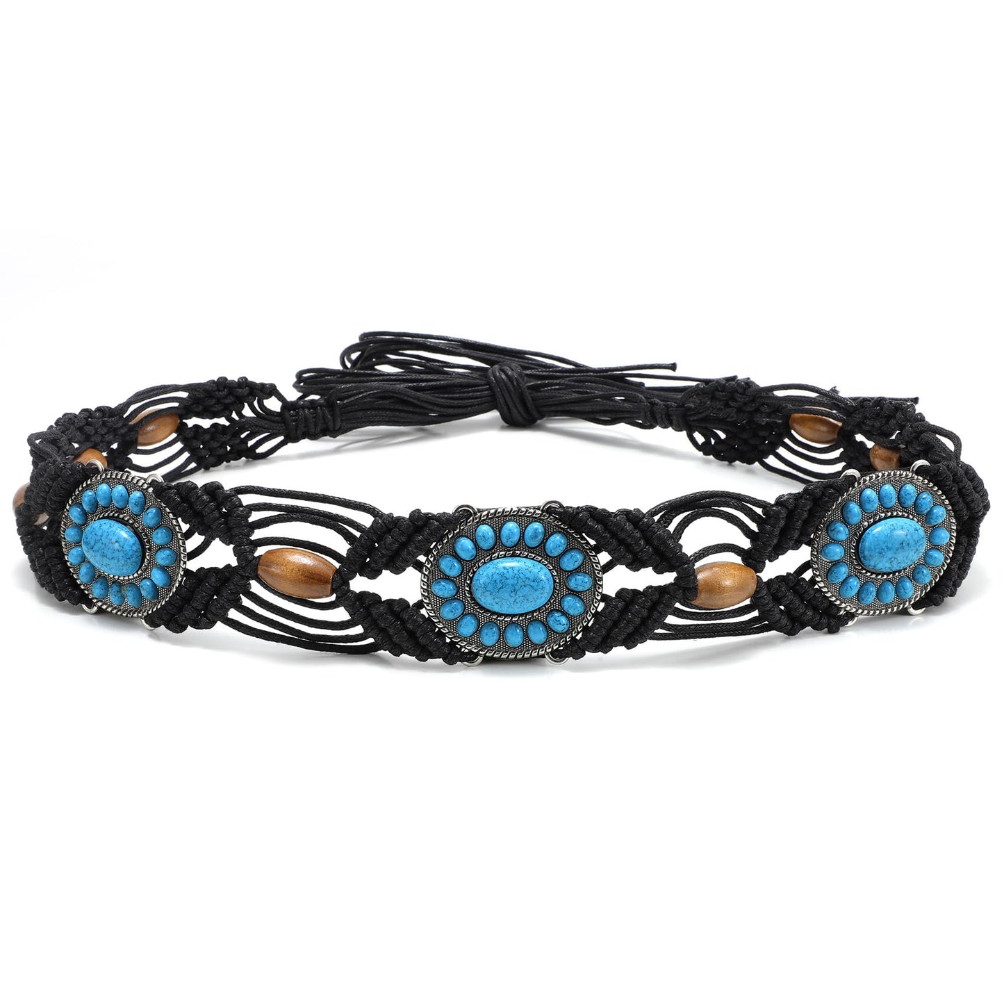 WHIPPY Boho Turquoise Belt for Women Wax Rope Braided Waist Belt Ethnic Western Hand-Woven Beaded Tassel Belts for Dress