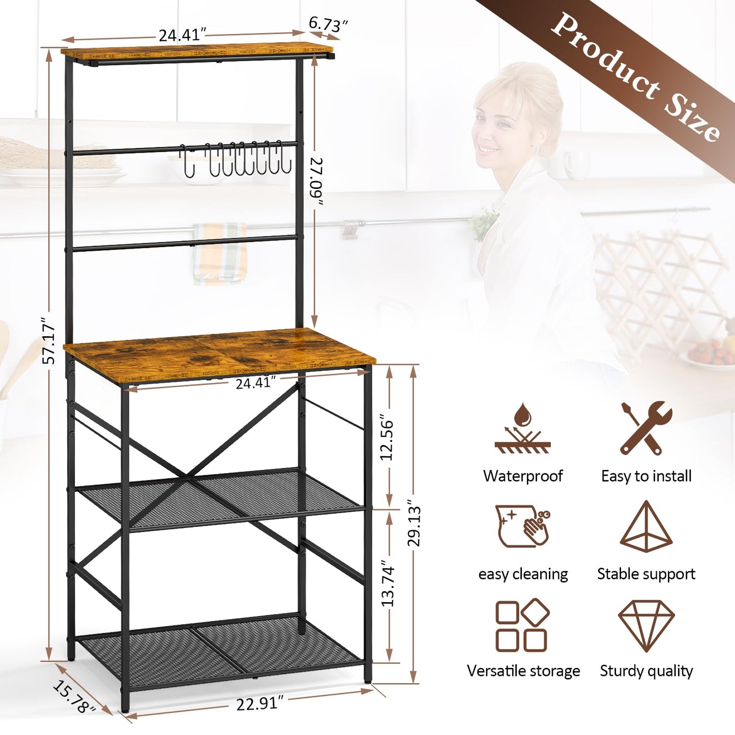 4 Tier Coffee Bar Station, Kitchen Stand with 8 S-Shaped Hooks, Large Space Coffee Station Table, Farmhouse Coffee Bar Shelf, Bakers Rack for for Kitchen, Living Room, 24.41" W x 15.78" D x 57.17" H