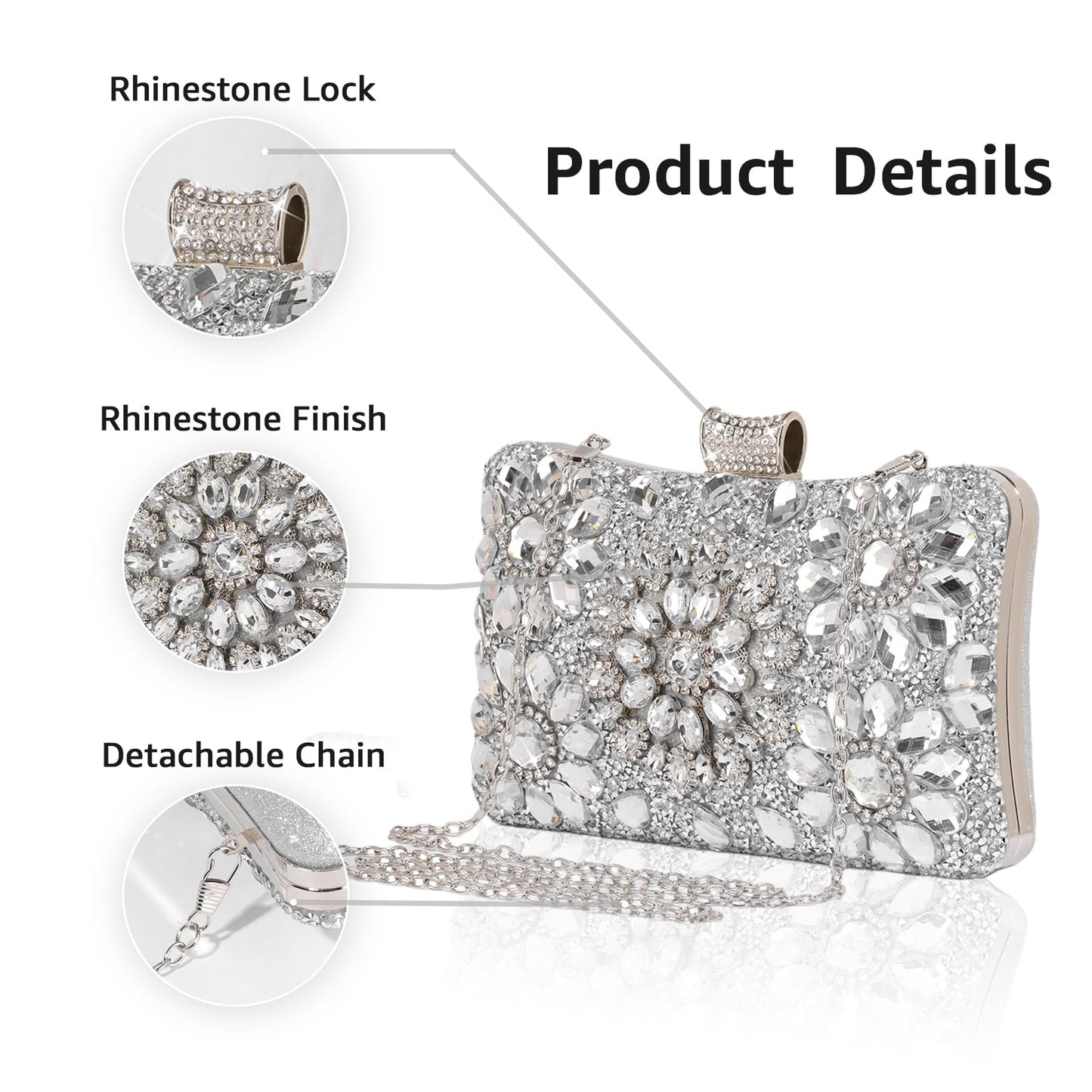 AIBAOWU Rhinestone Silver Purses for Women Rhinestone Evening Bag for Wedding Clutch Silver Purse Handbags Cocktail for Party Prom