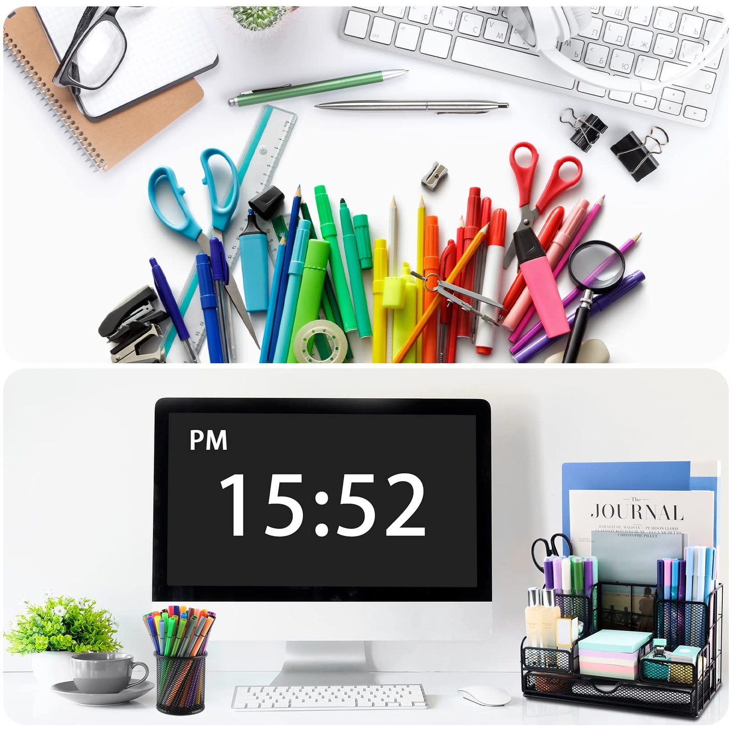 Desk Organizers Caddy and Accessories with 7 Compartments + Pen Holder / 72 Clips Set, Drawer, Black Mesh Office Supplies Desktop Organizer for Home, Office Ect