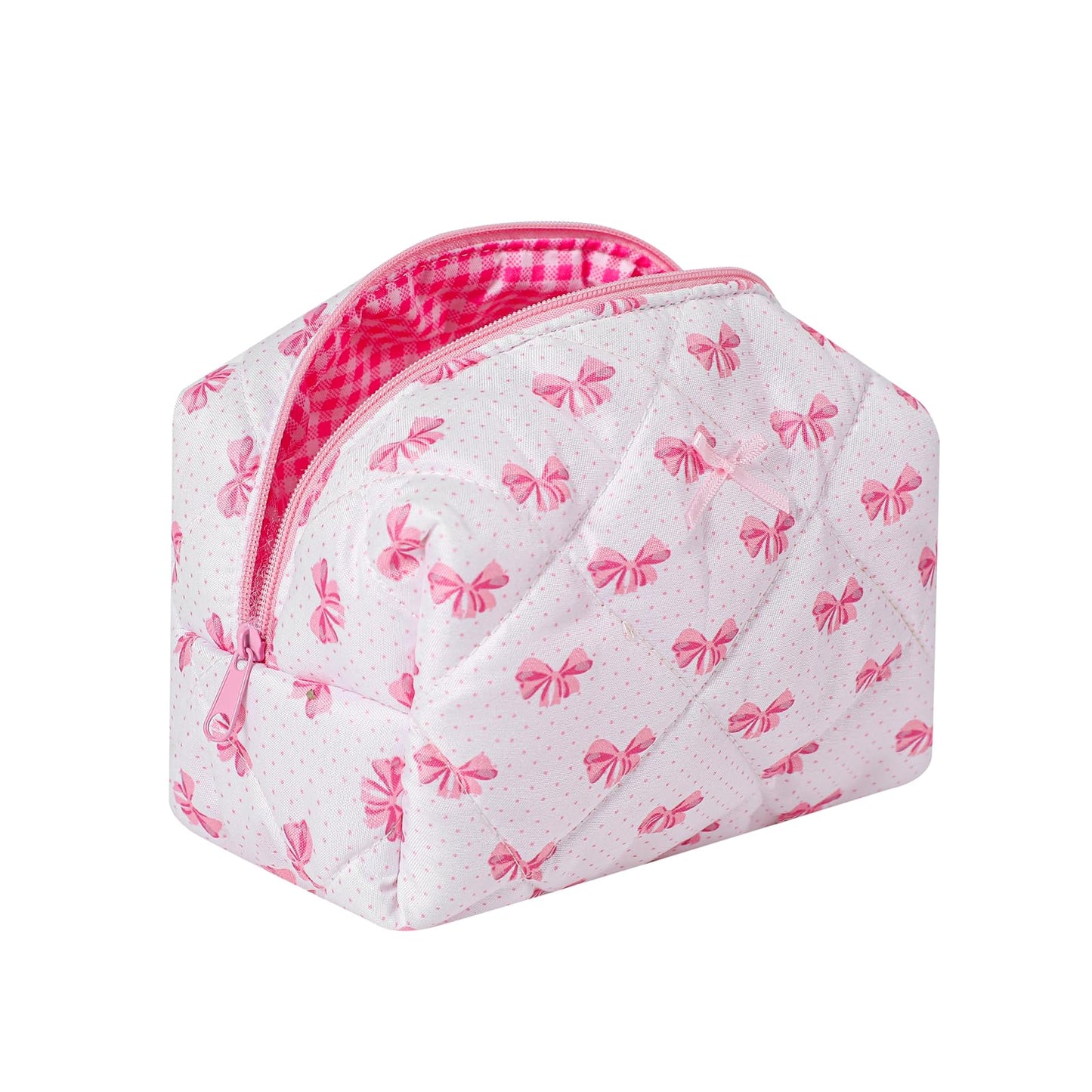 Cute Small Floral Cotton Makeup Bag, Quilted Zipper Pouch with Coquette Bear for Women and Girls, Kawaii Travel Cosmetic Bags for Purse(12White-pink bow)