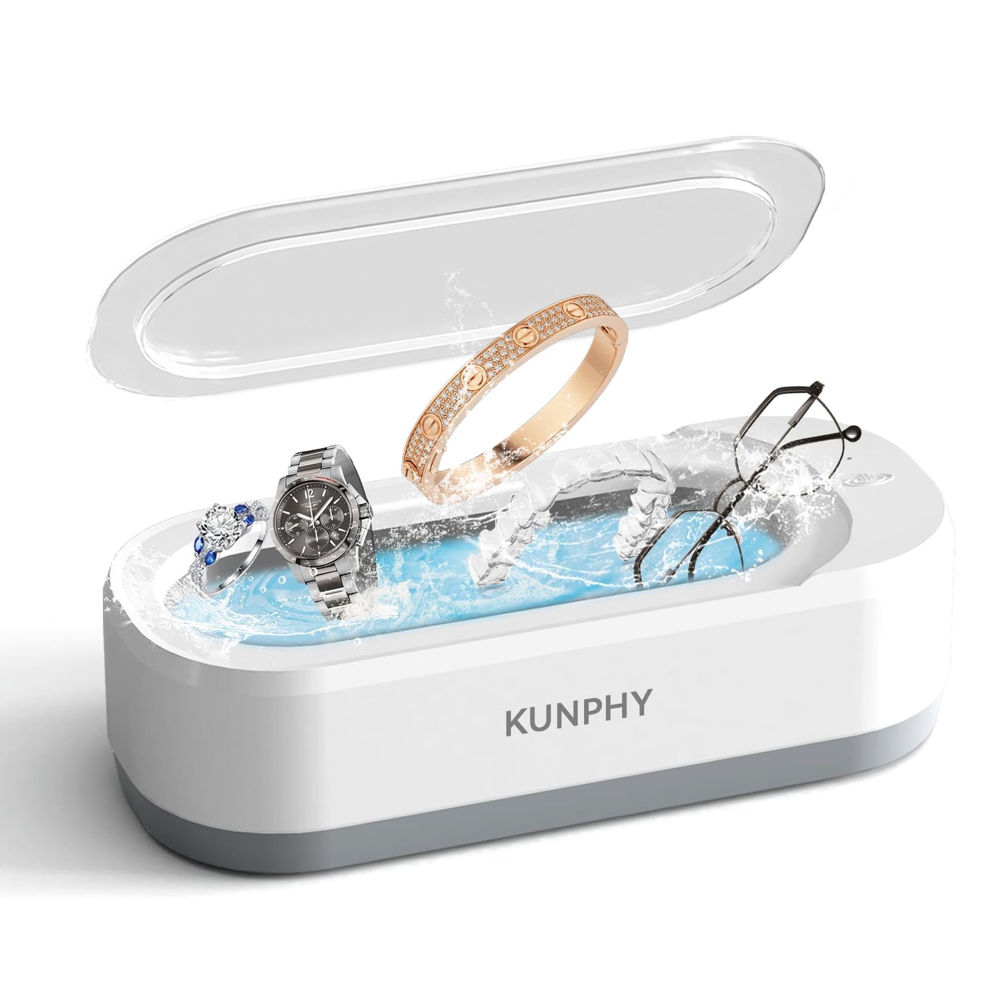 KUNPHY Ultrasonic Jewelry Cleaner, Jewelry Cleaner Machine 12oz 46KHz, Professional Sonic Cleaner with One-Touch Operation, Sonic Cleaner for Rings, Glasses, Jewelry, Dentures White