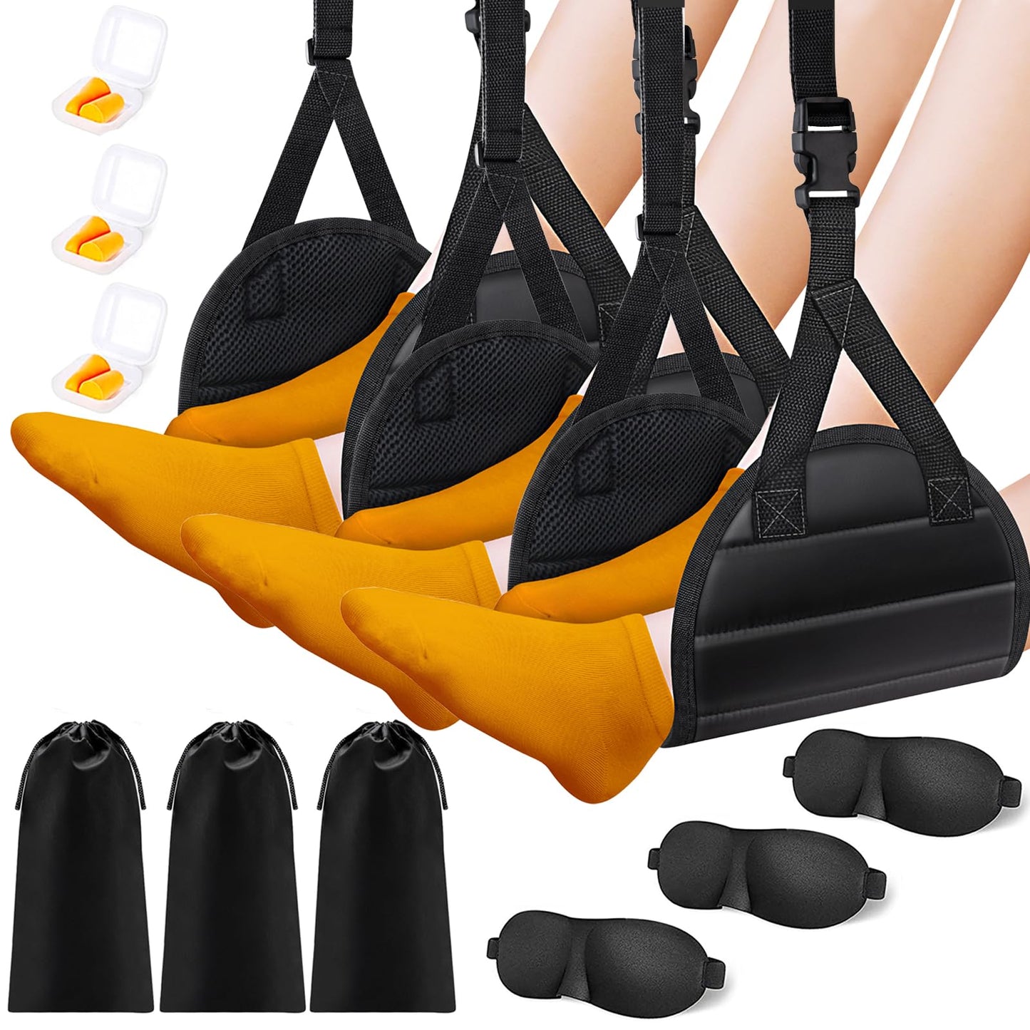 Foot Hammock Airplane Foot Rest for Train, Length Adjustable Travel Essentials with Eye Mask and Earplugs, Desk Foot Rest, Flight Essentials Airplane Foot Hammock (1 Set)