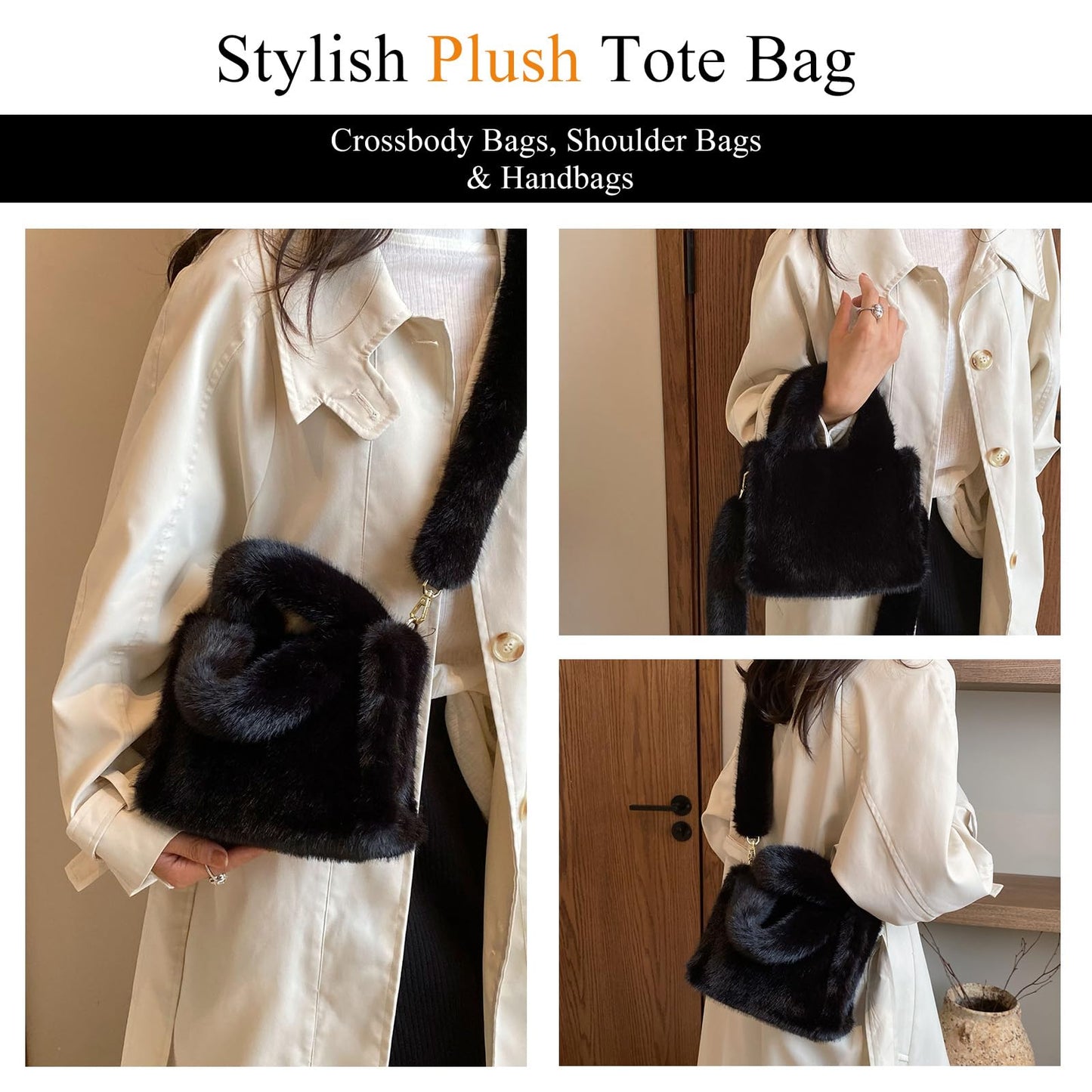 Extolove Fluffy Tote Bag Mini Faux Fur Purses for Women Winter Fuzzy Tote Soft Furry Crossbody Handbag Plush Bags (A Black)