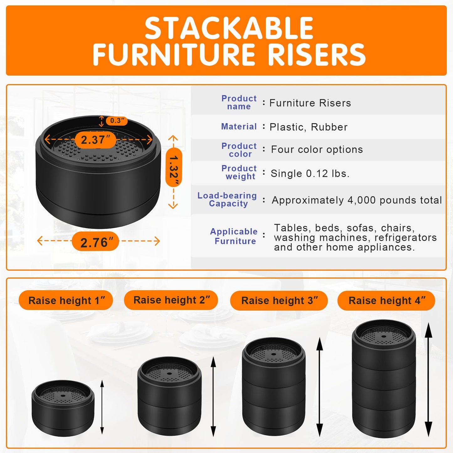 Furniture Risers Bed Risers Heavy Duty 1 inch, 2 inch, 3 inch, 4 inch Round Adjustable Bed Lifts Riser for Desk Legs Table Couch Sofa Chair Refrigerator Washing Machine (1 Inch, Black, 4 Pack )